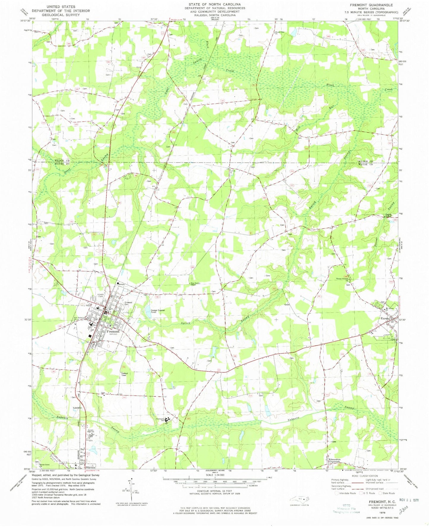 Classic USGS Fremont North Carolina 7.5'x7.5' Topo Map Image