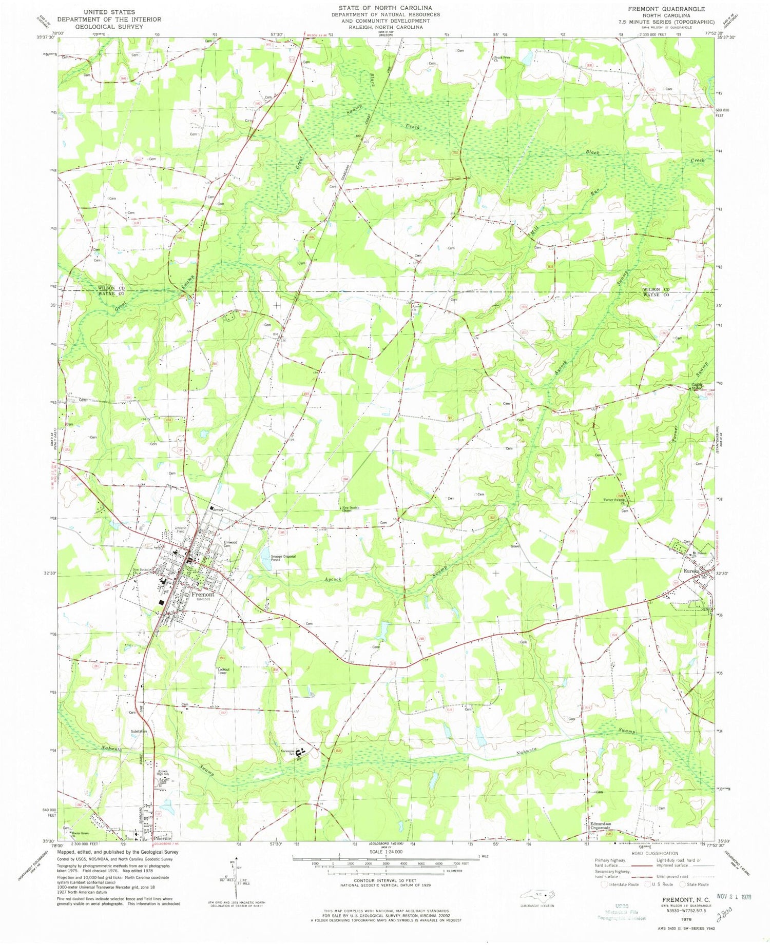 Classic USGS Fremont North Carolina 7.5'x7.5' Topo Map Image
