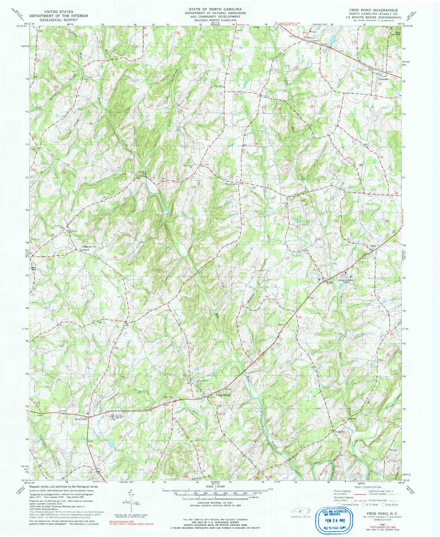 Classic USGS Frog Pond North Carolina 7.5'x7.5' Topo Map Image