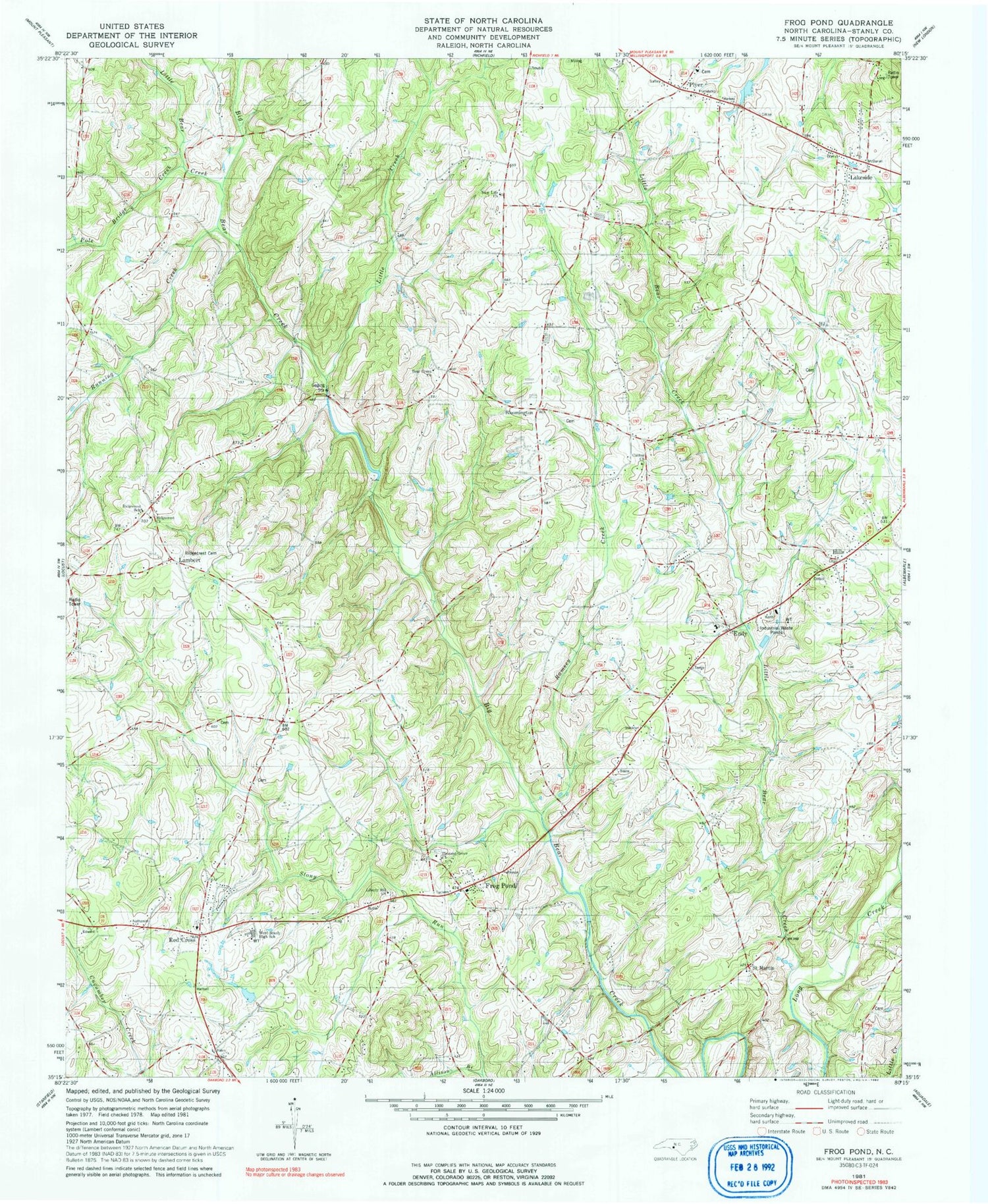 Classic USGS Frog Pond North Carolina 7.5'x7.5' Topo Map Image