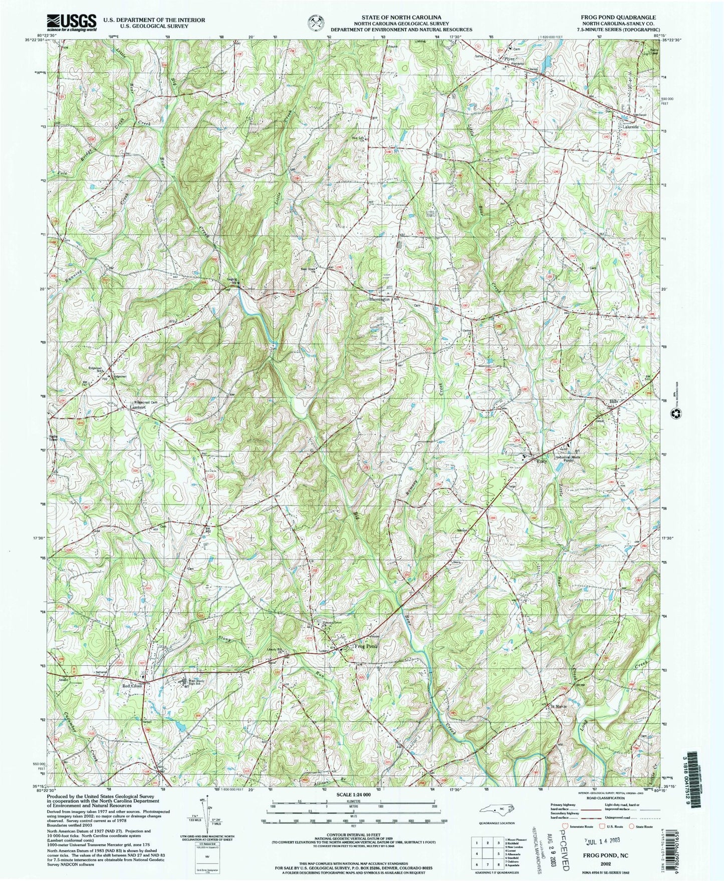 Classic USGS Frog Pond North Carolina 7.5'x7.5' Topo Map Image