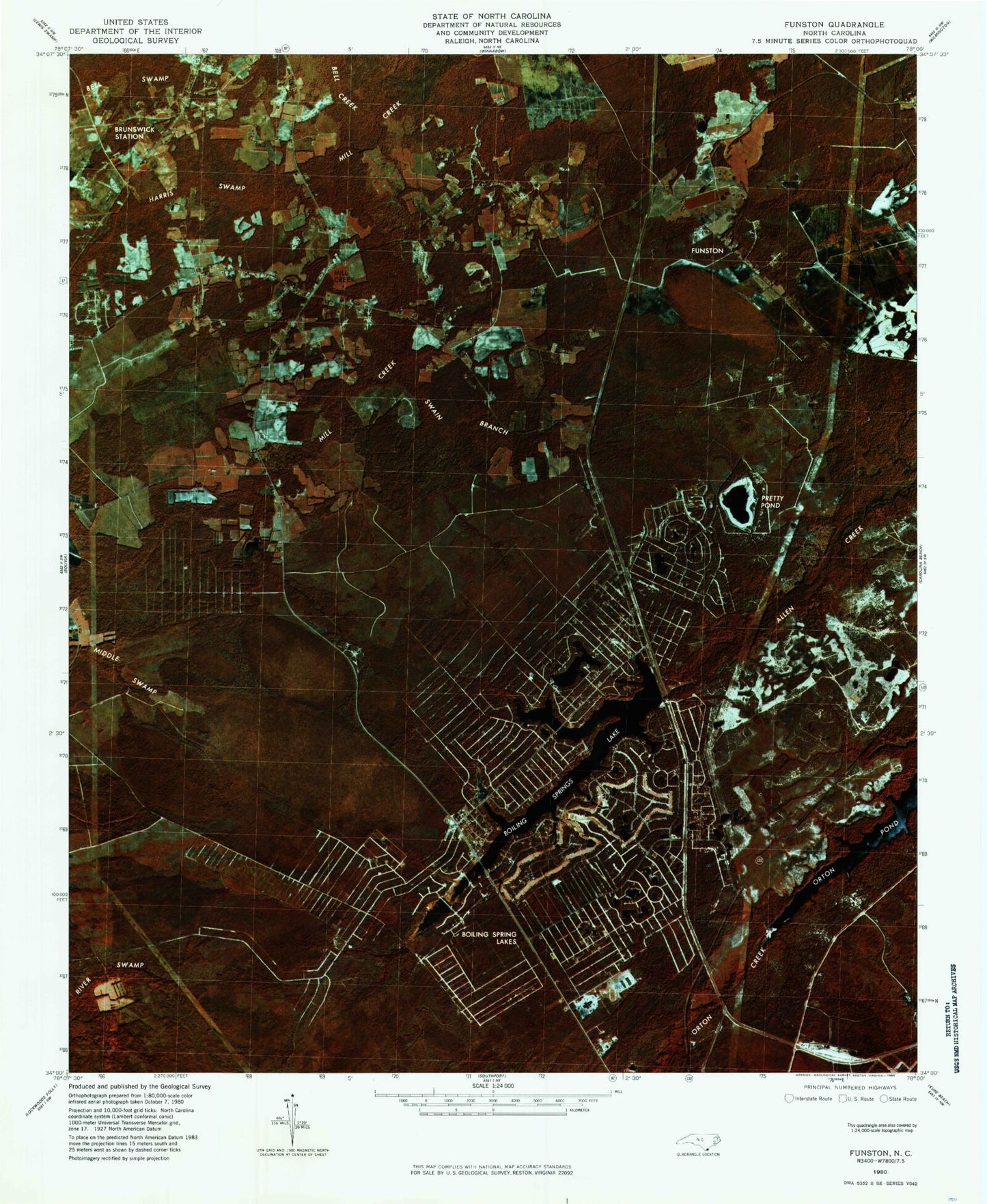 Classic USGS Funston North Carolina 7.5'x7.5' Topo Map Image