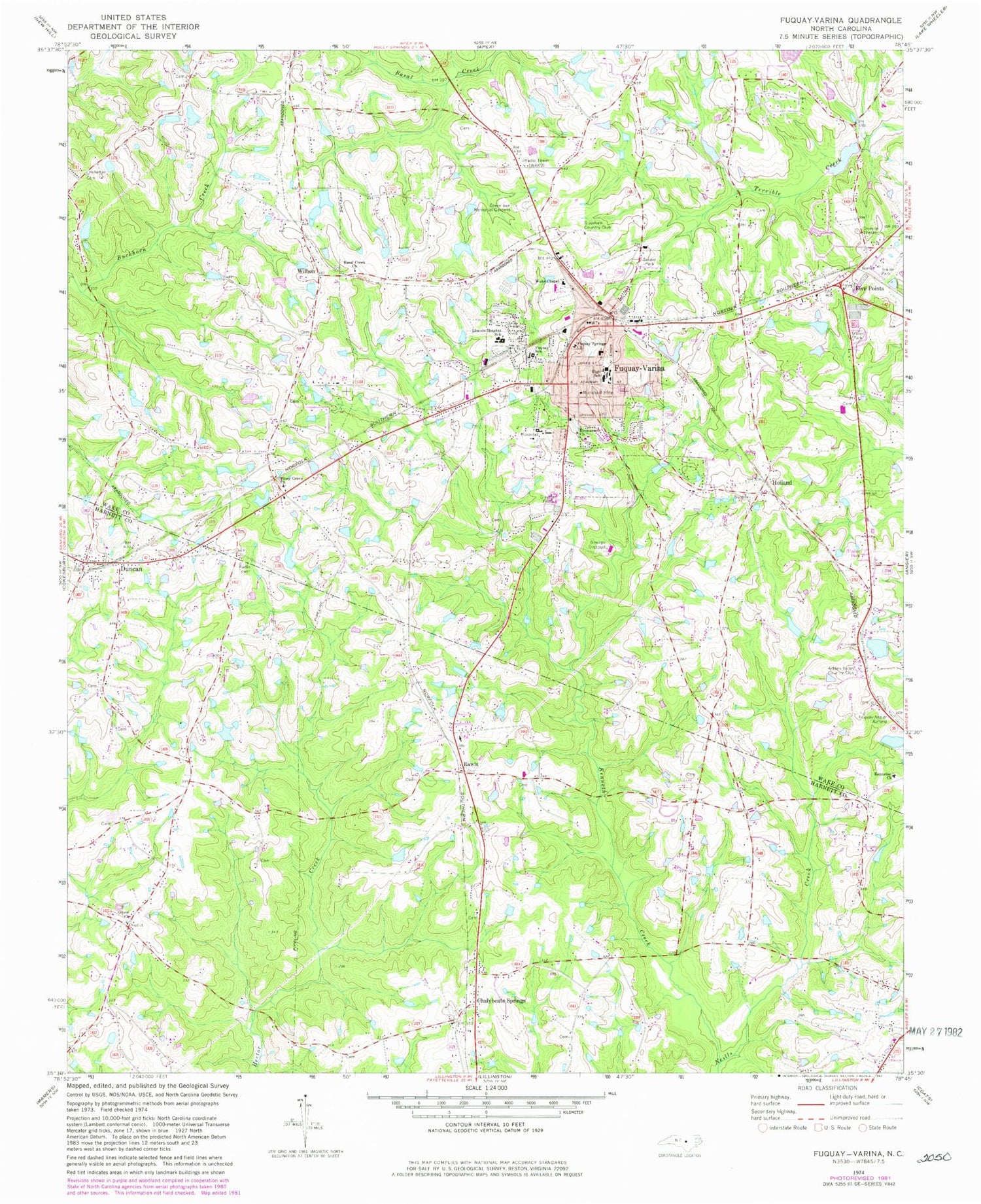 Classic USGS Fuquay-Varina North Carolina 7.5'x7.5' Topo Map Image