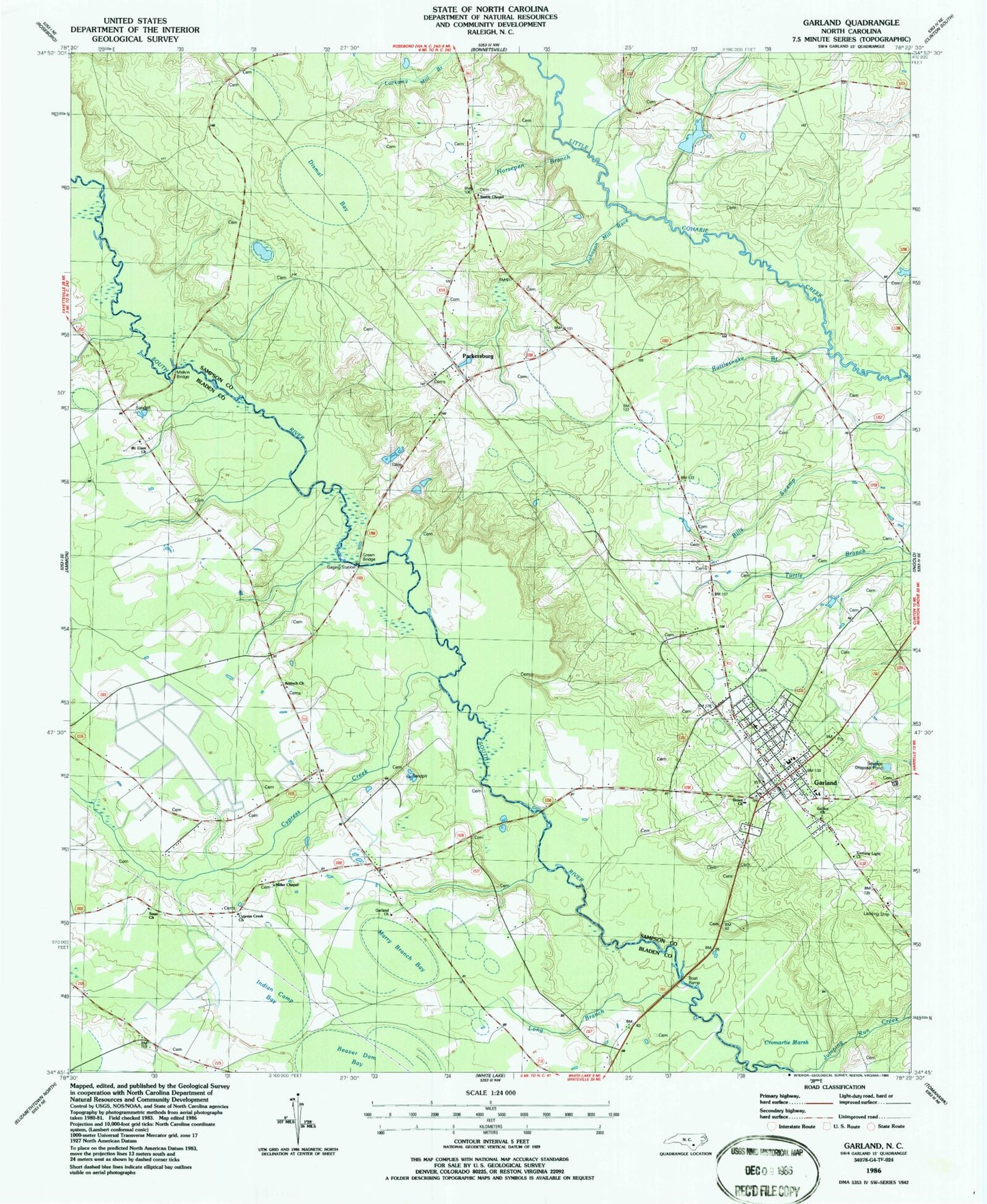Classic USGS Garland North Carolina 7.5'x7.5' Topo Map Image