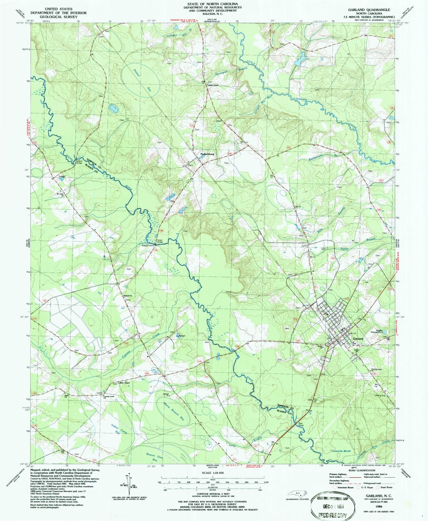 Classic USGS Garland North Carolina 7.5'x7.5' Topo Map Image