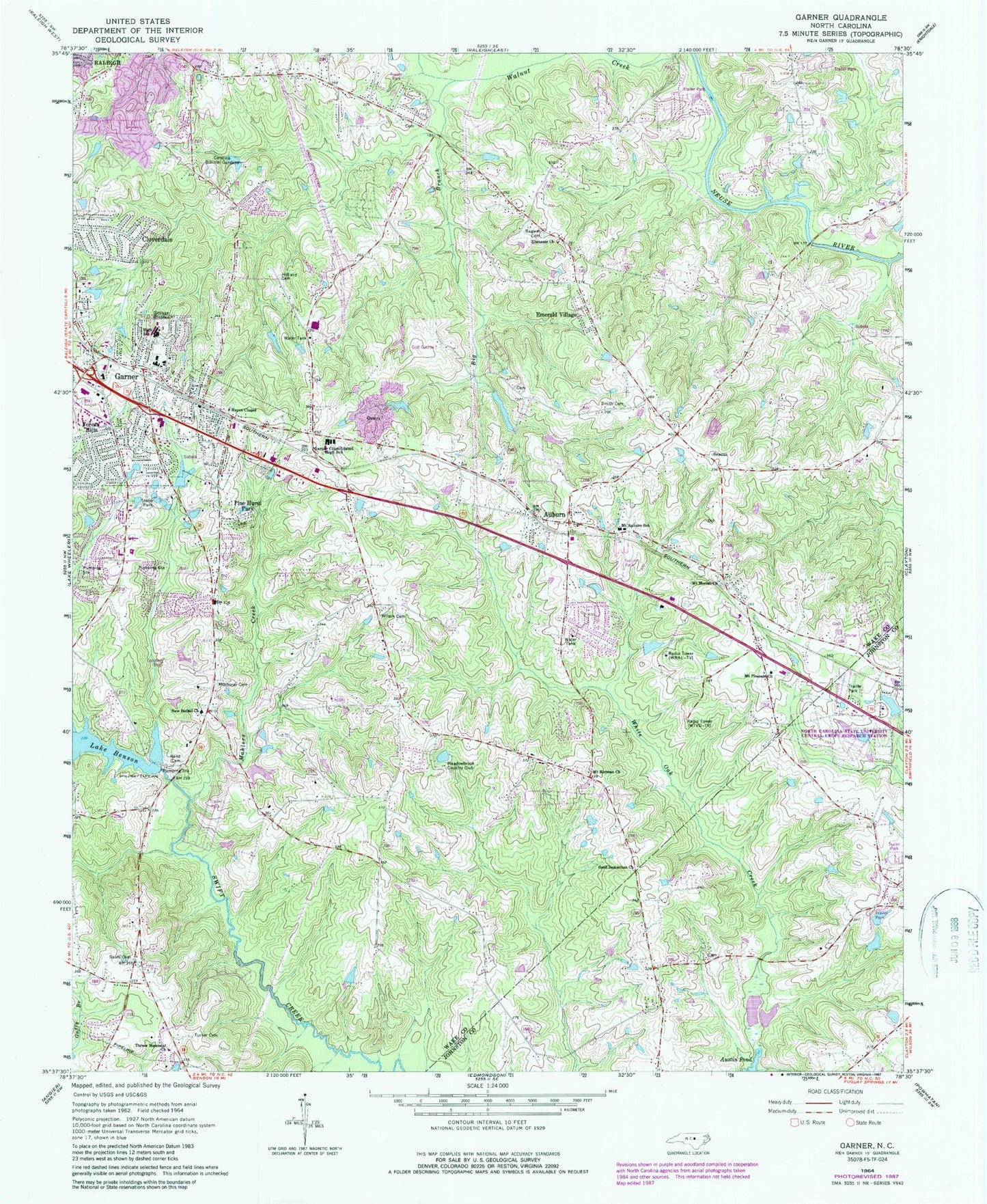 Classic USGS Garner North Carolina 7.5'x7.5' Topo Map Image