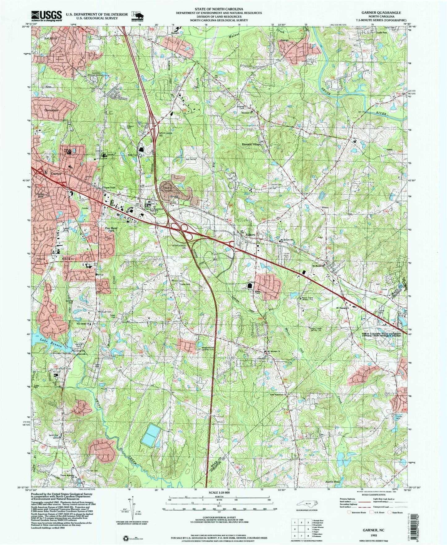 Classic USGS Garner North Carolina 7.5'x7.5' Topo Map Image
