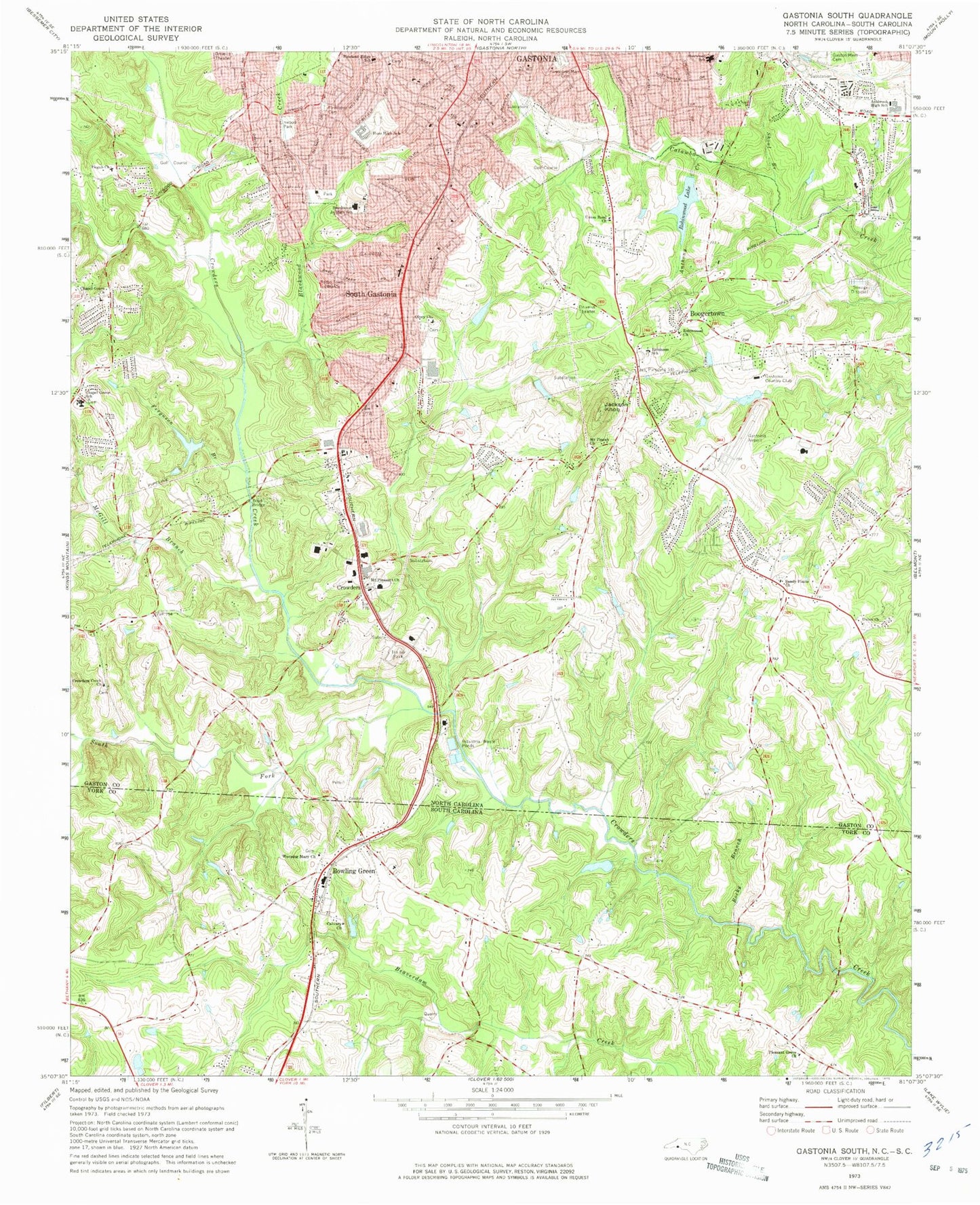 Classic USGS Gastonia South North Carolina 7.5'x7.5' Topo Map Image
