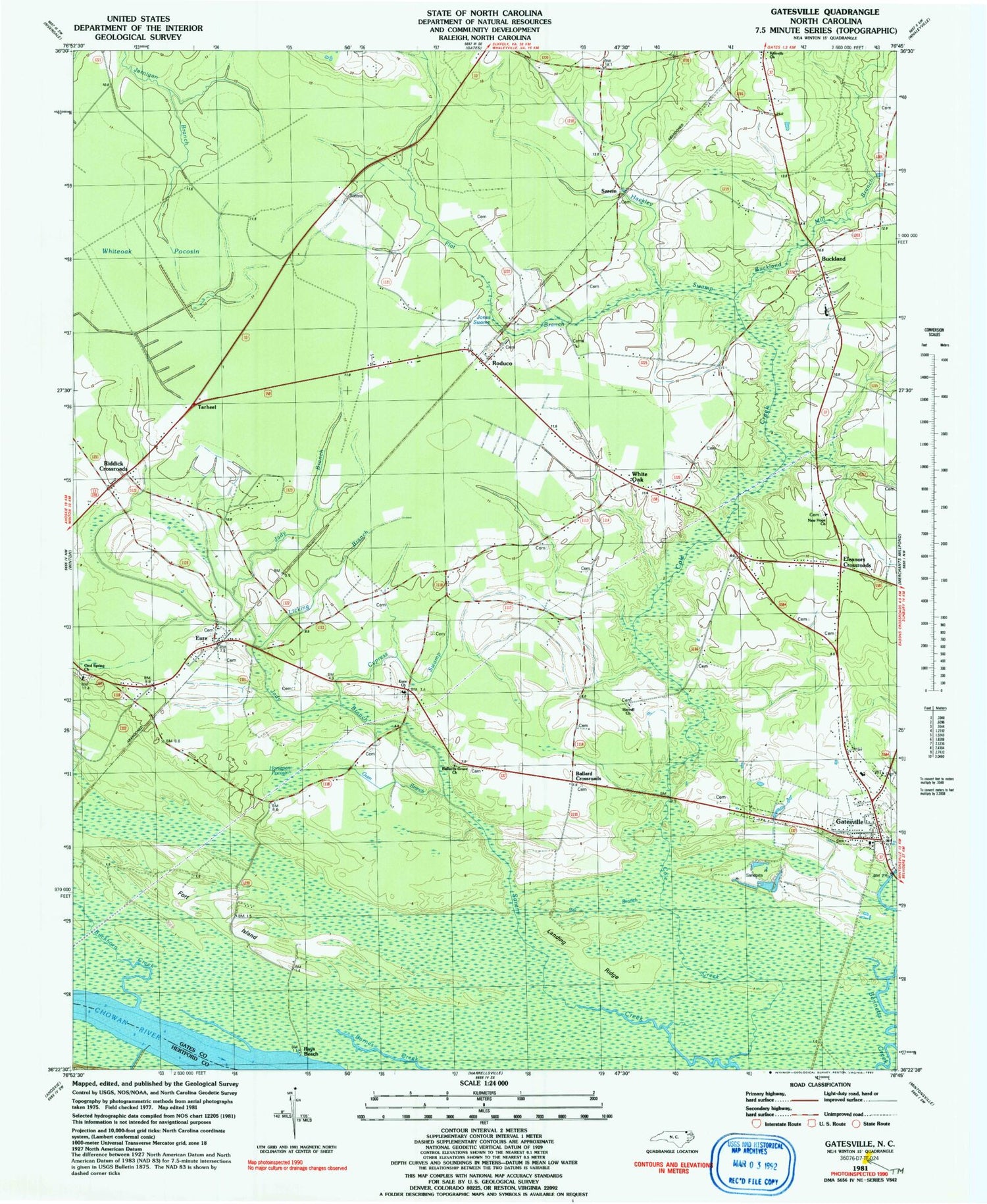 Classic USGS Gatesville North Carolina 7.5'x7.5' Topo Map Image