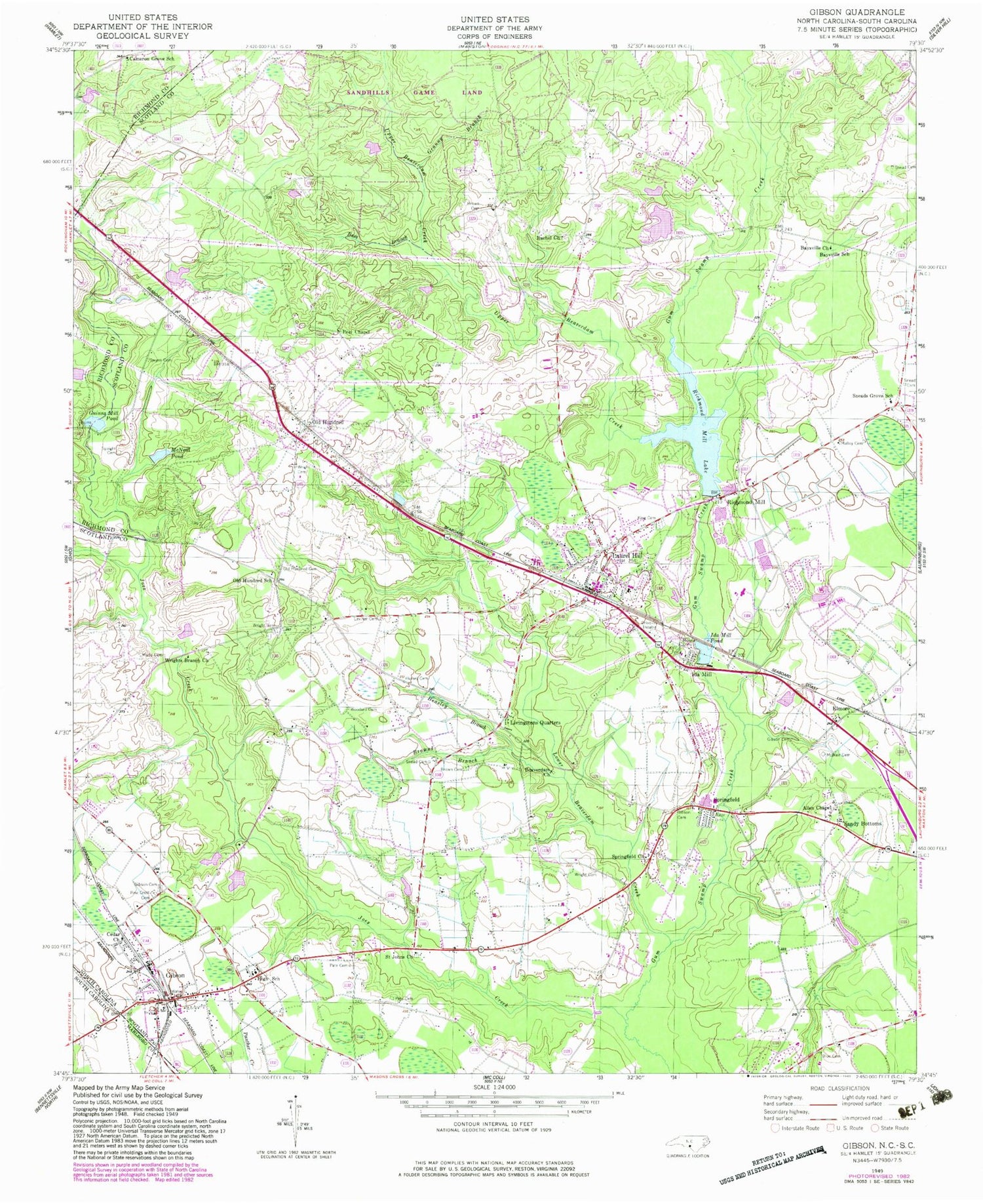 Classic USGS Gibson North Carolina 7.5'x7.5' Topo Map Image