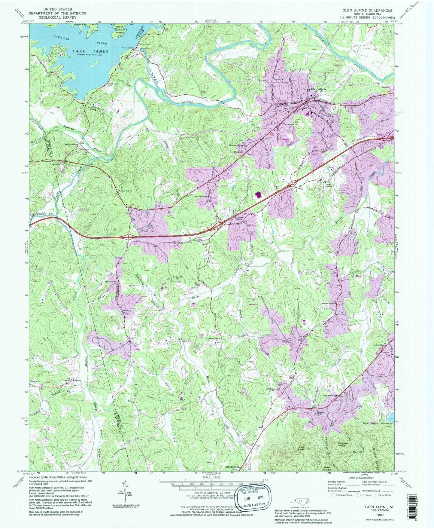 Classic USGS Glen Alpine North Carolina 7.5'x7.5' Topo Map Image