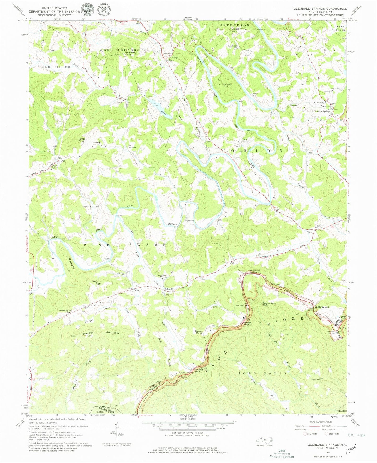 Classic USGS Glendale Springs North Carolina 7.5'x7.5' Topo Map Image
