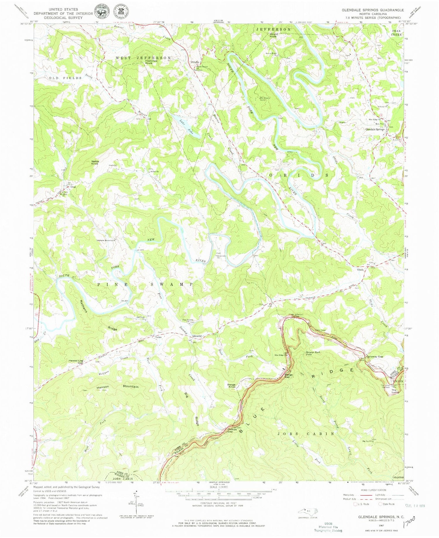 Classic USGS Glendale Springs North Carolina 7.5'x7.5' Topo Map Image