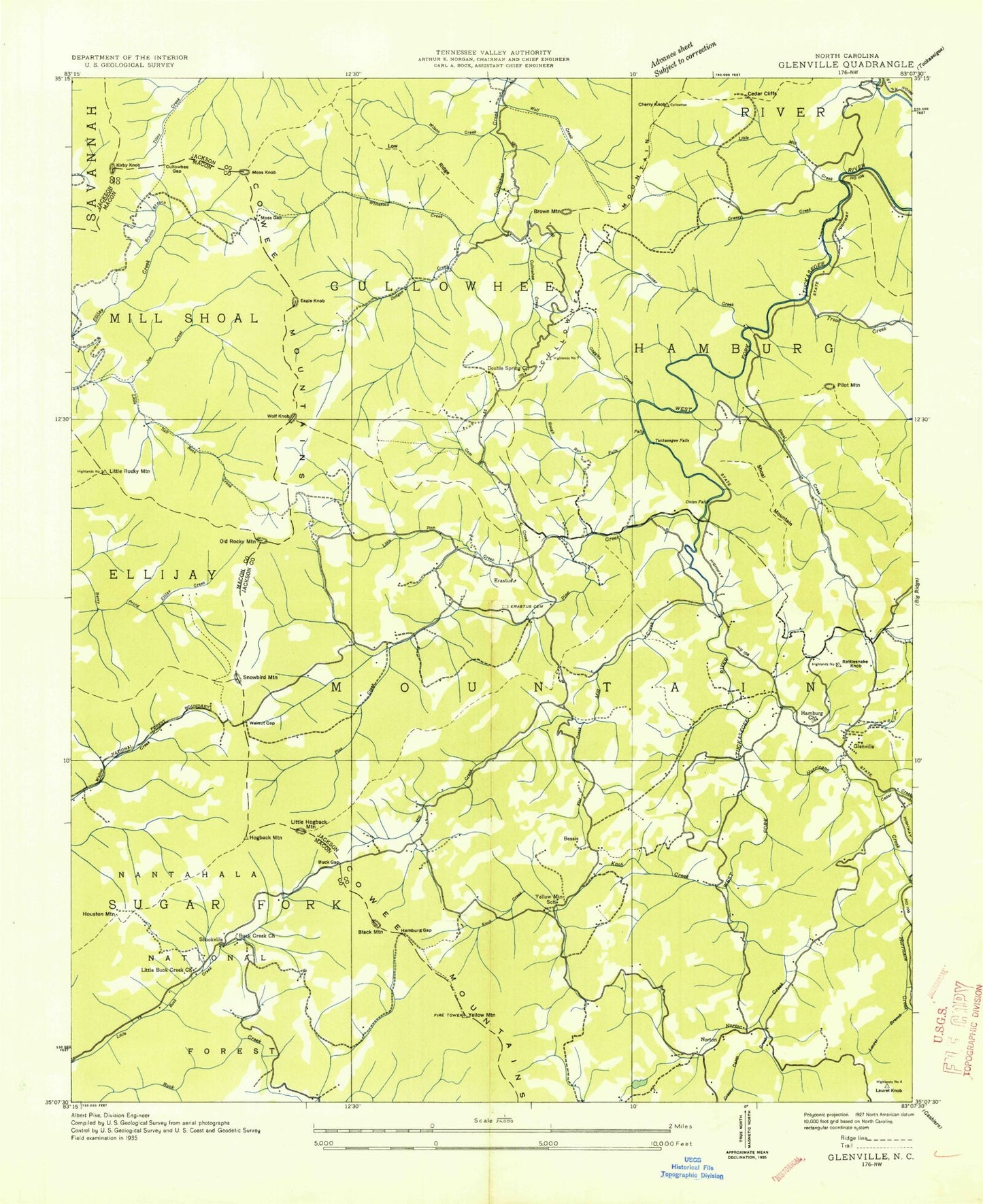 Classic USGS Glenville North Carolina 7.5'x7.5' Topo Map Image