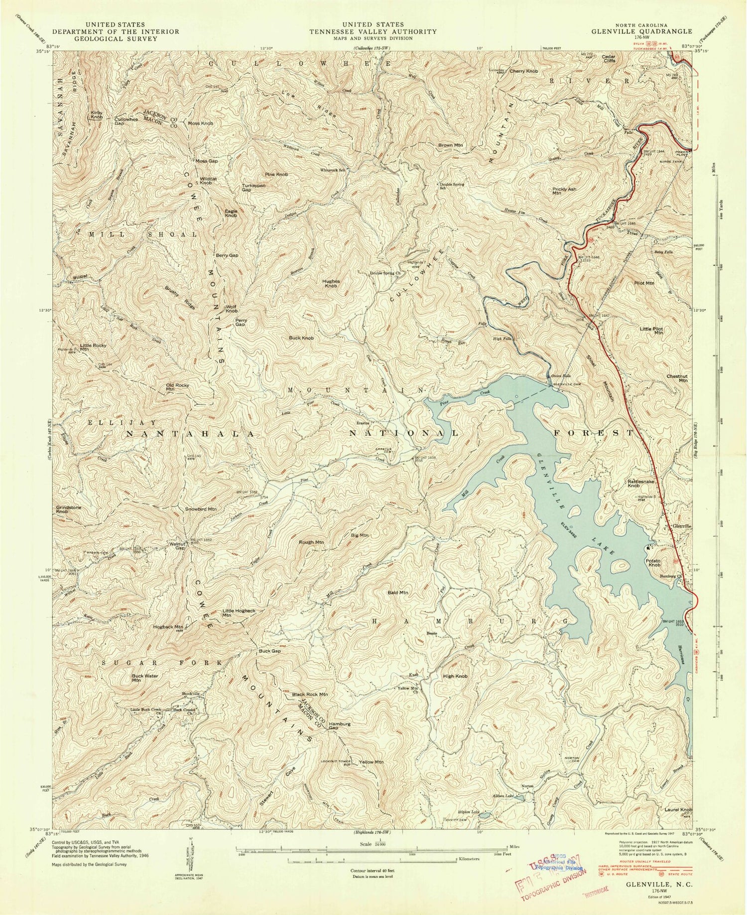 Classic USGS Glenville North Carolina 7.5'x7.5' Topo Map Image