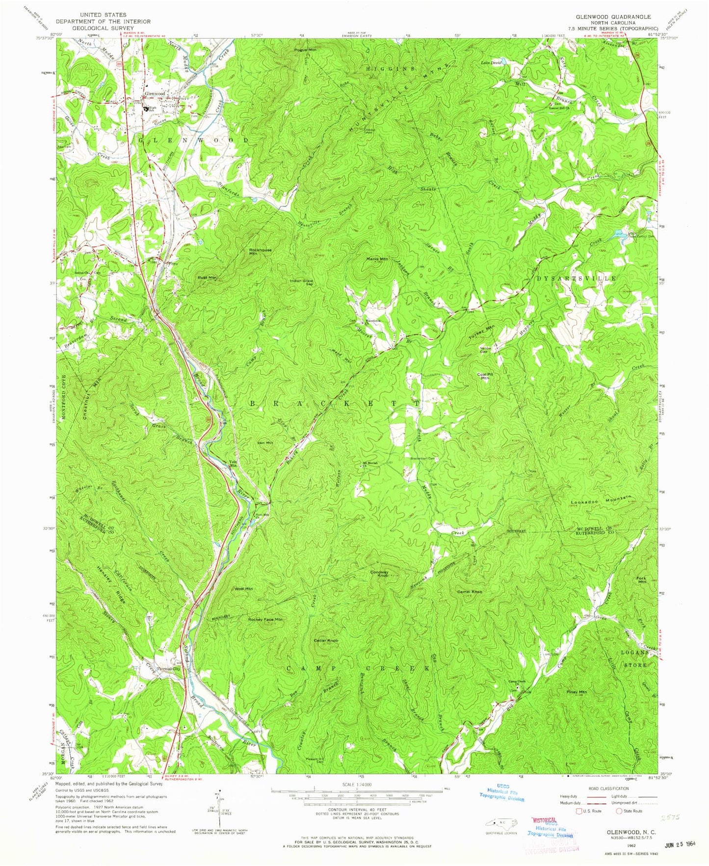 Classic USGS Glenwood North Carolina 7.5'x7.5' Topo Map Image