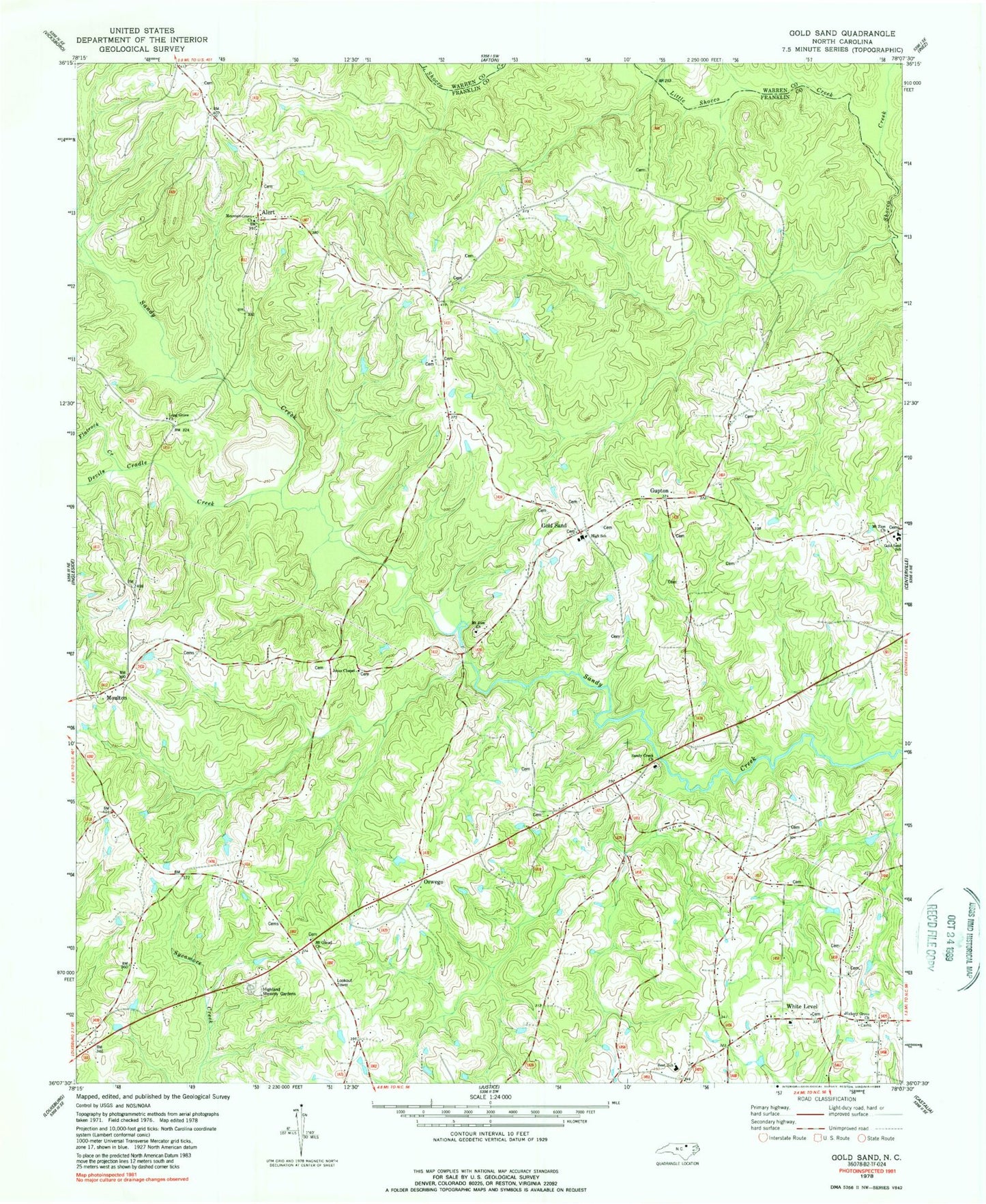 Classic USGS Gold Sand North Carolina 7.5'x7.5' Topo Map Image