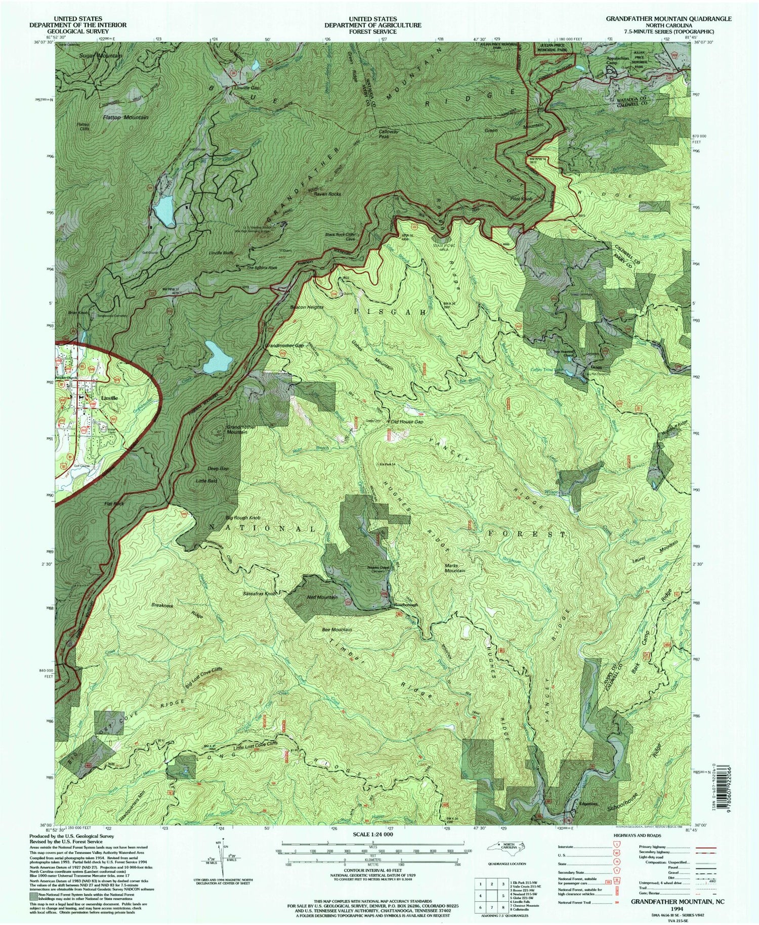 USGS Classic Grandfather Mountain North Carolina 7.5'x7.5' Topo Map Image