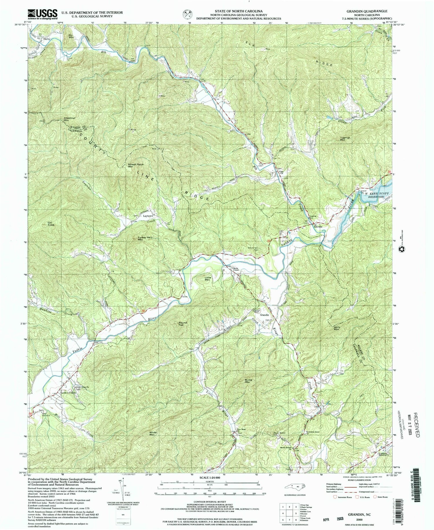 Classic USGS Grandin North Carolina 7.5'x7.5' Topo Map Image