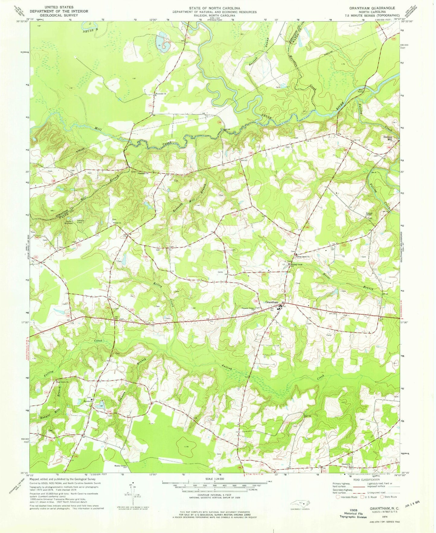 Classic USGS Grantham North Carolina 7.5'x7.5' Topo Map Image