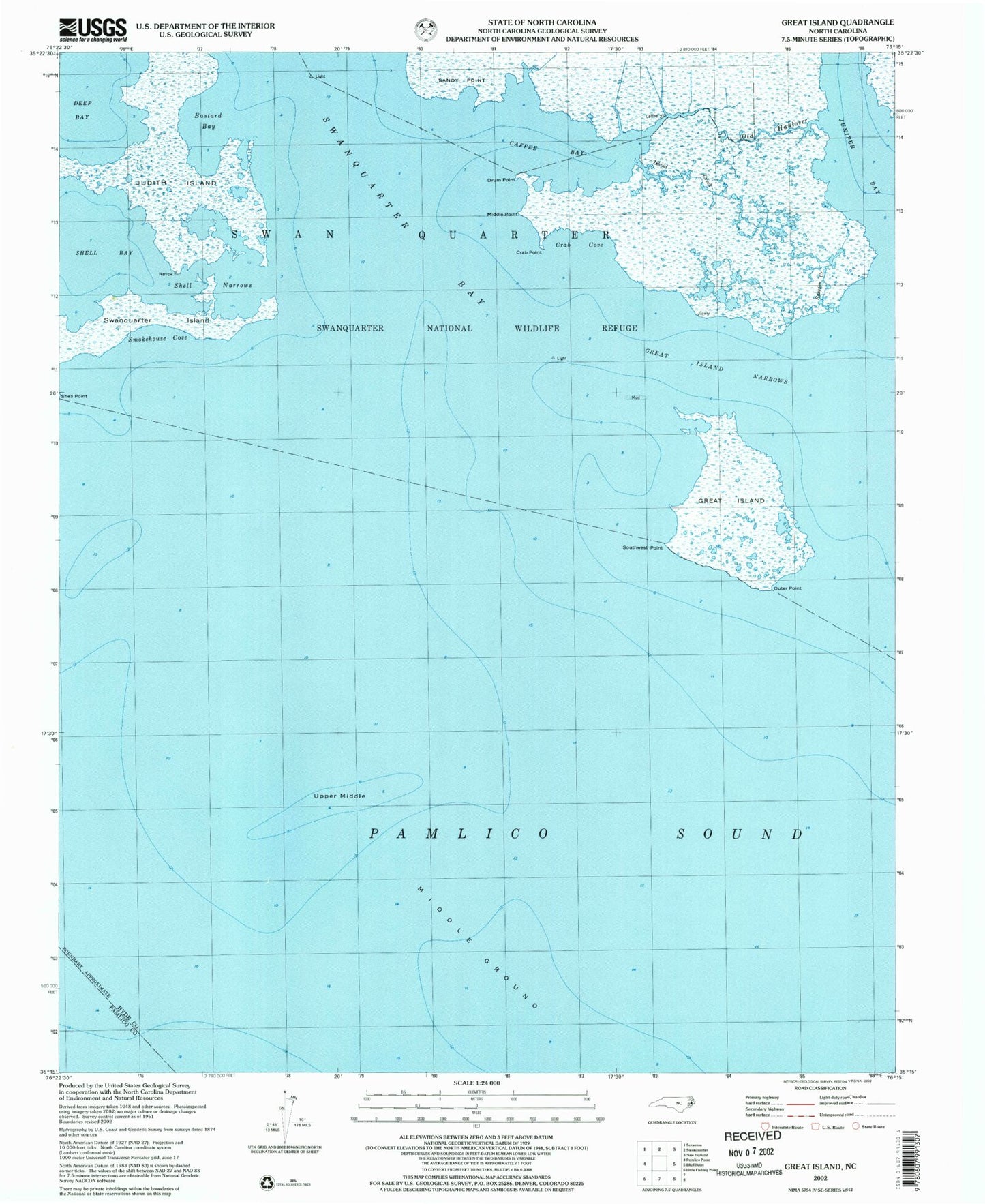 Classic USGS Great Island North Carolina 7.5'x7.5' Topo Map Image