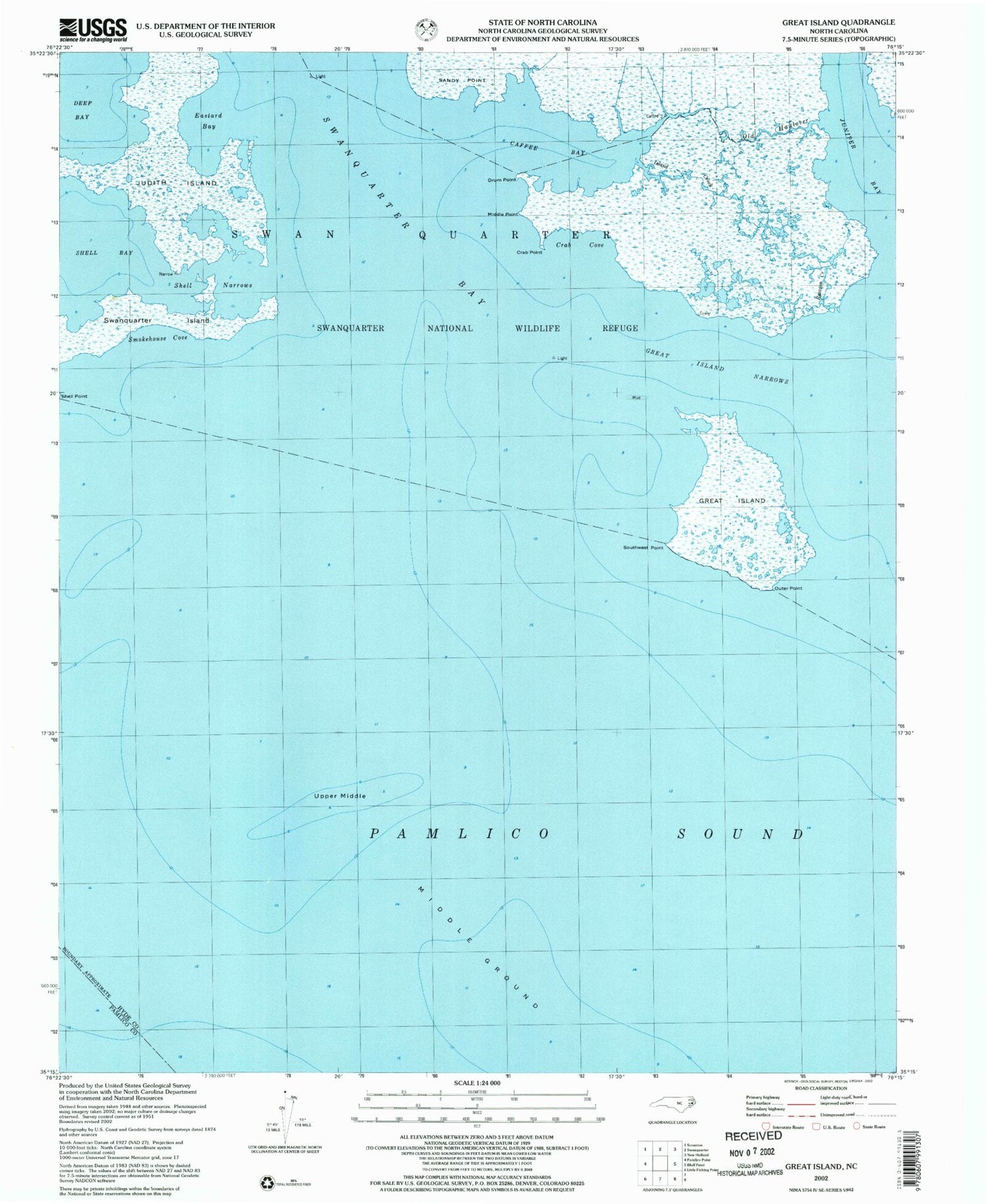 Classic USGS Great Island North Carolina 7.5'x7.5' Topo Map Image