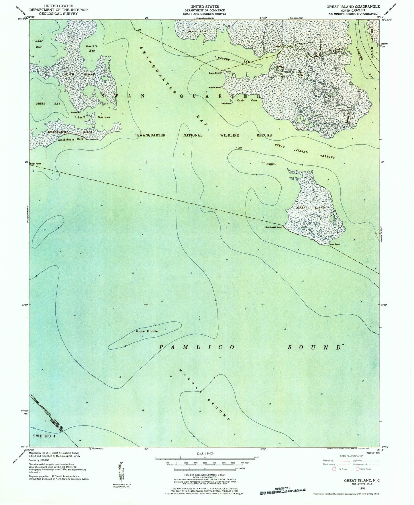 Classic USGS Great Island North Carolina 7.5'x7.5' Topo Map Image