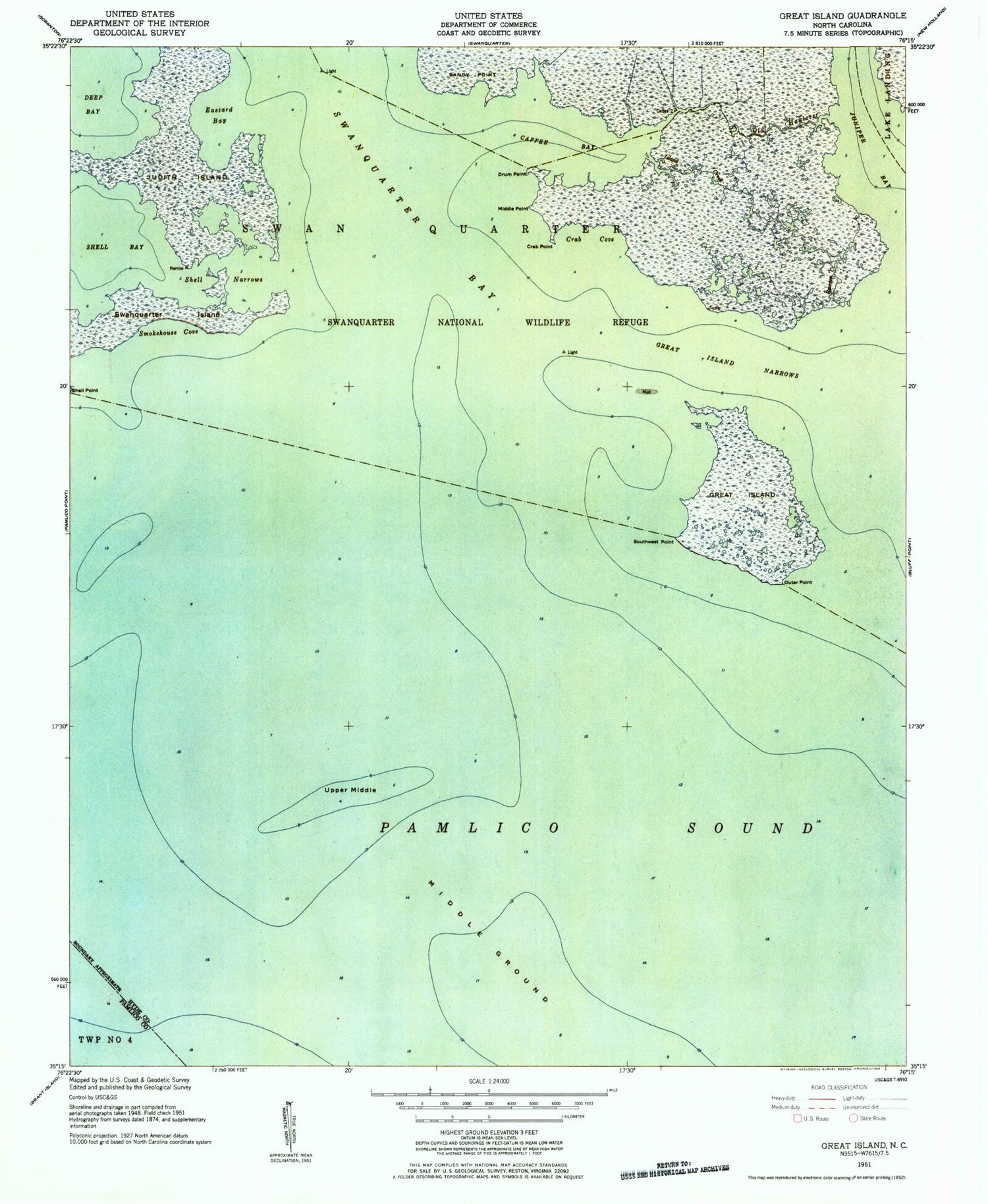 Classic USGS Great Island North Carolina 7.5'x7.5' Topo Map Image