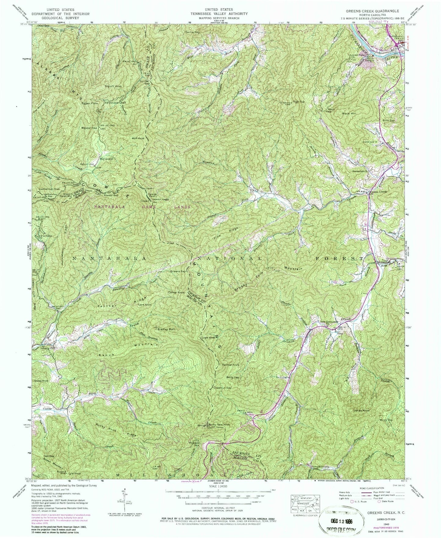 Classic USGS Greens Creek North Carolina 7.5'x7.5' Topo Map Image