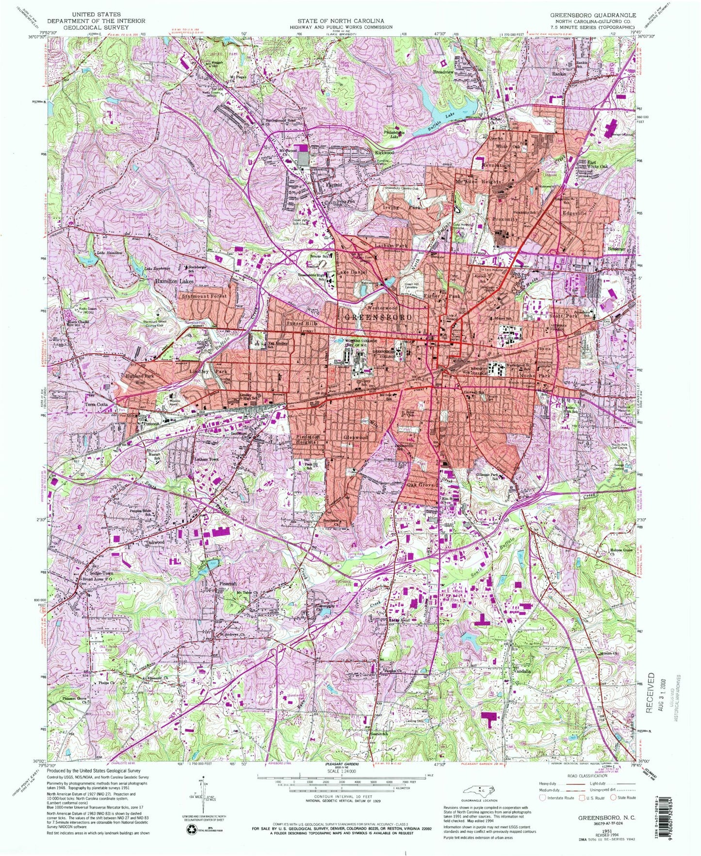 Classic USGS Greensboro North Carolina 7.5'x7.5' Topo Map Image
