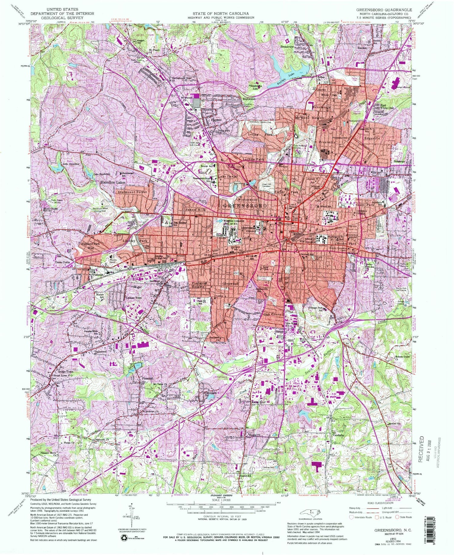 Classic USGS Greensboro North Carolina 7.5'x7.5' Topo Map Image