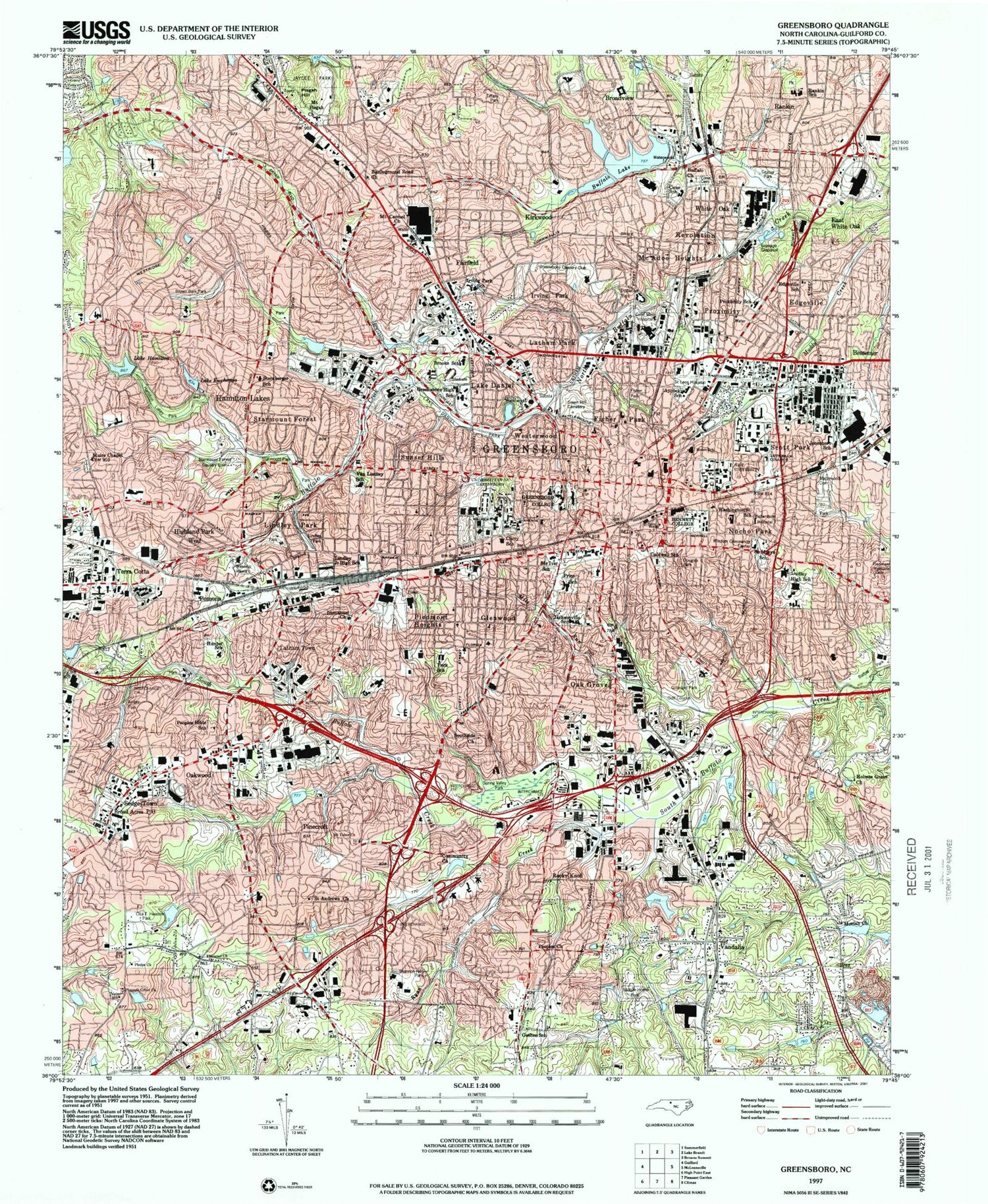 Classic USGS Greensboro North Carolina 7.5'x7.5' Topo Map Image