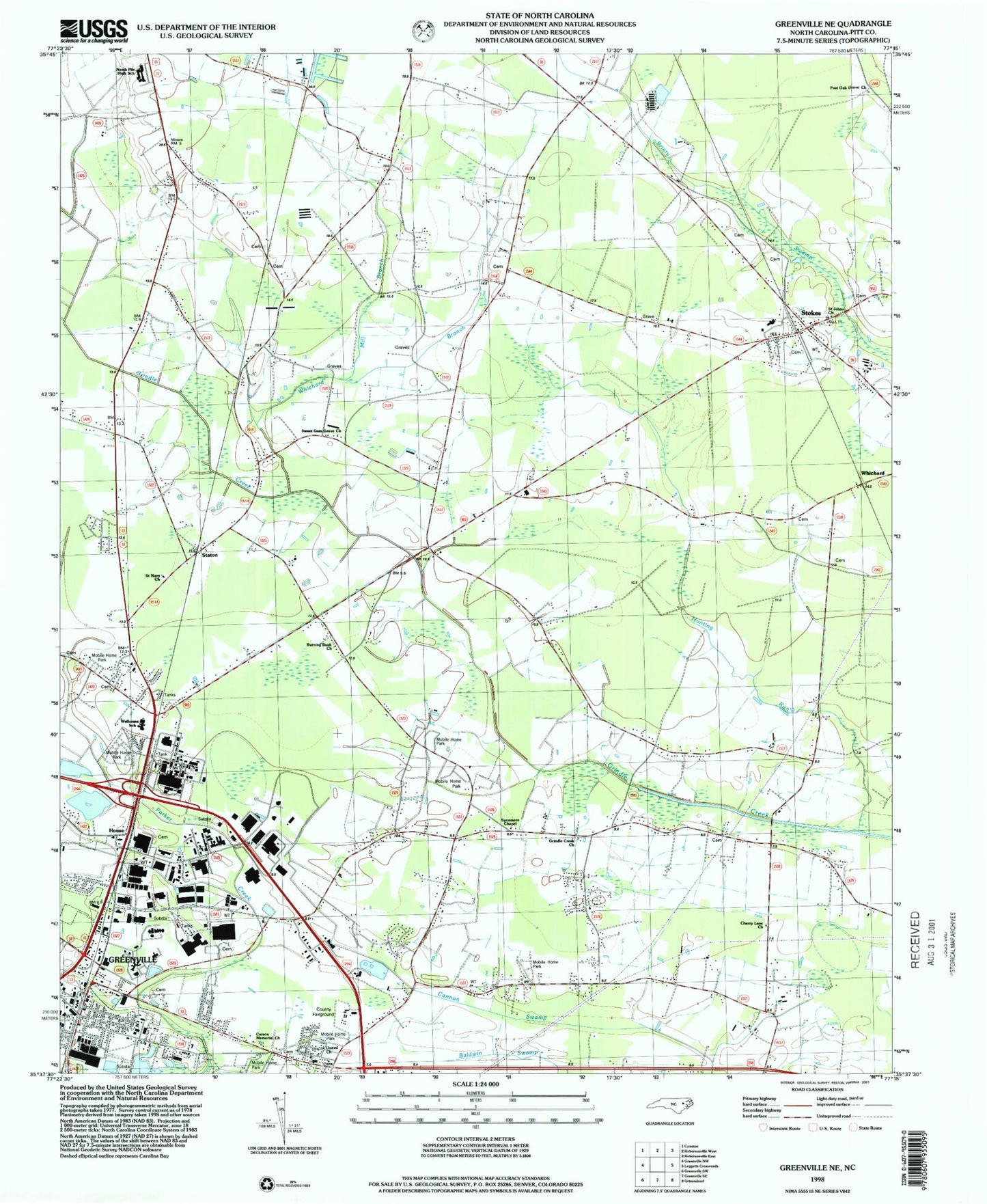 Classic USGS Greenville NE North Carolina 7.5'x7.5' Topo Map Image