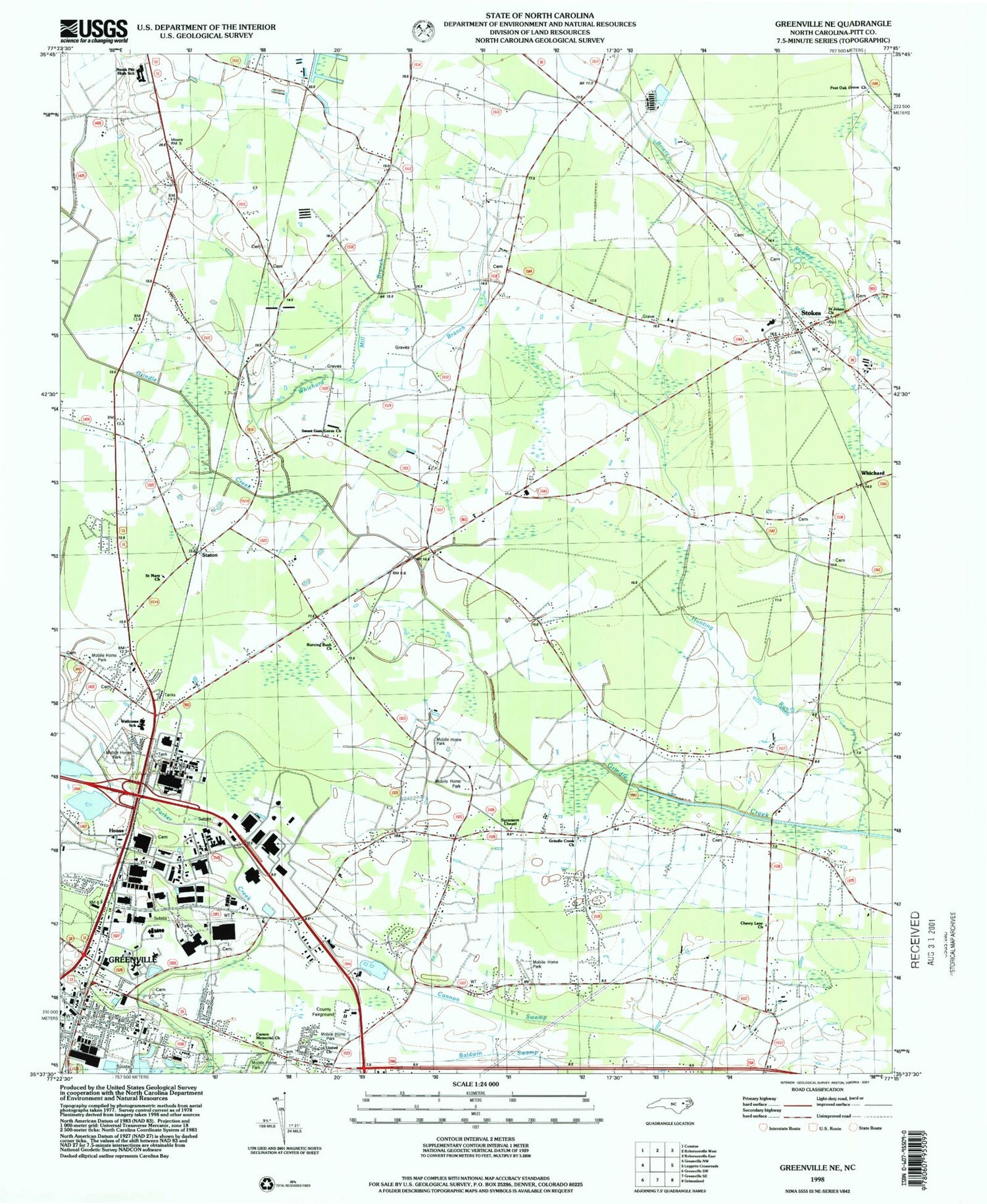 Classic USGS Greenville NE North Carolina 7.5'x7.5' Topo Map Image