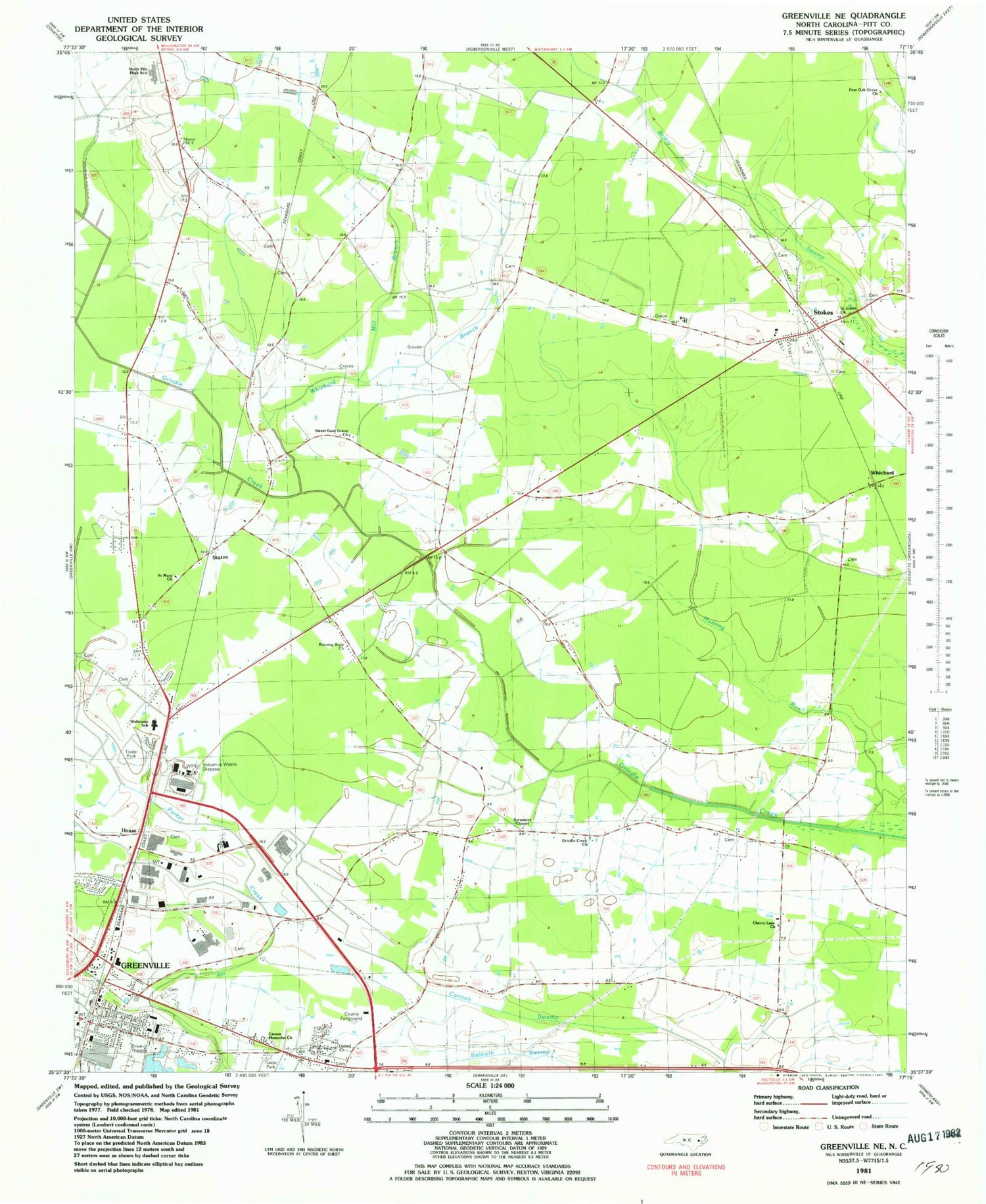 Classic USGS Greenville NE North Carolina 7.5'x7.5' Topo Map Image