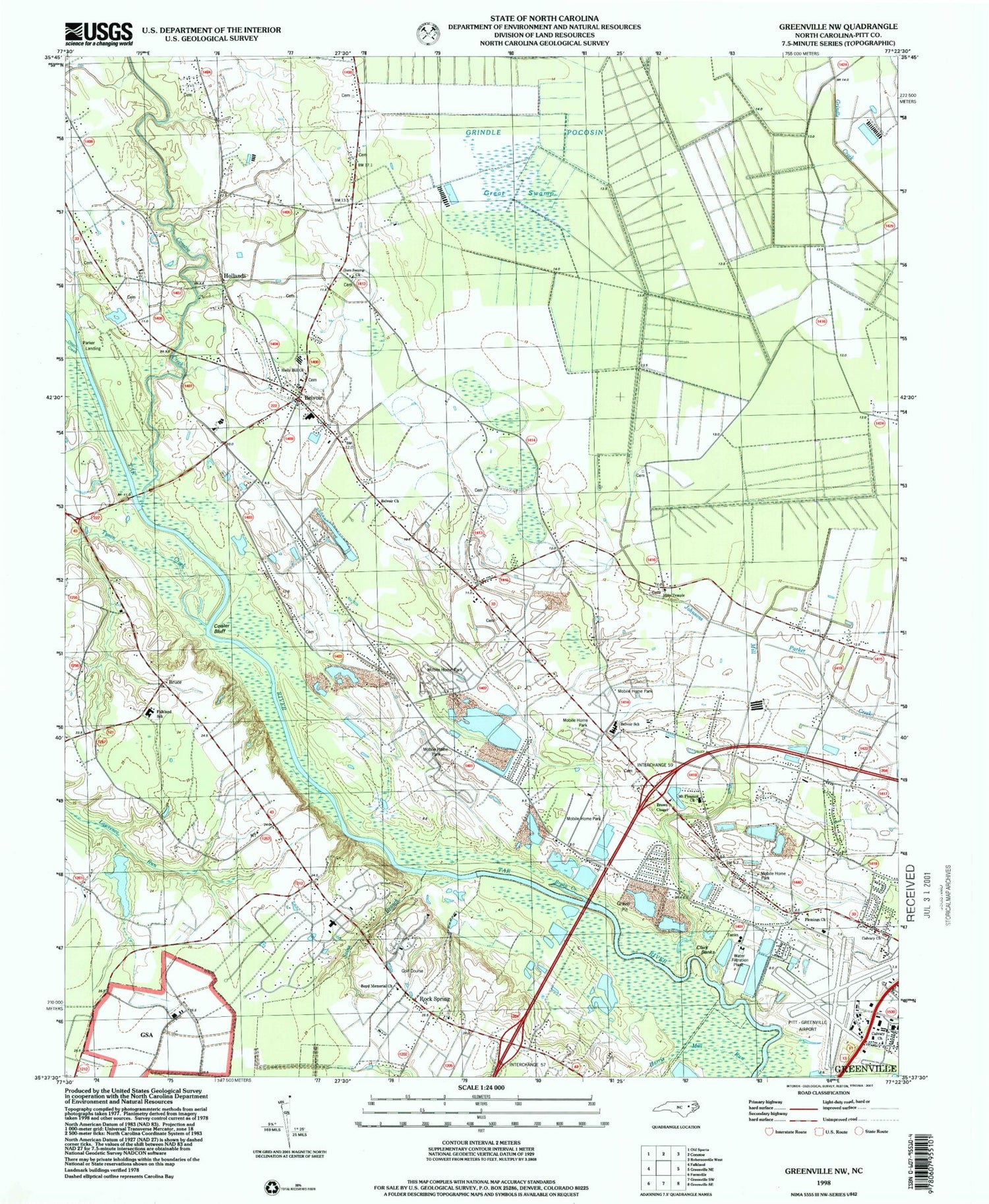 Classic USGS Greenville NW North Carolina 7.5'x7.5' Topo Map Image