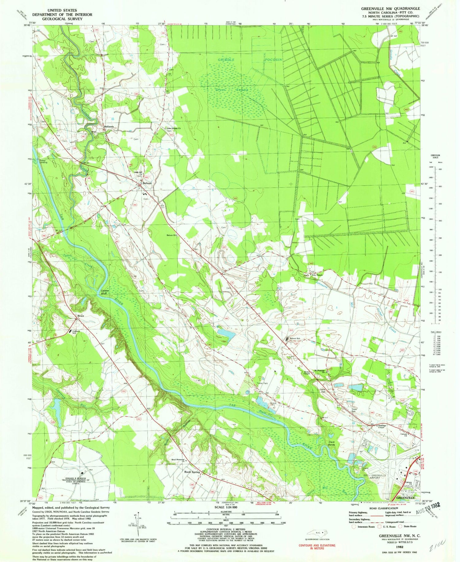 Classic USGS Greenville NW North Carolina 7.5'x7.5' Topo Map Image