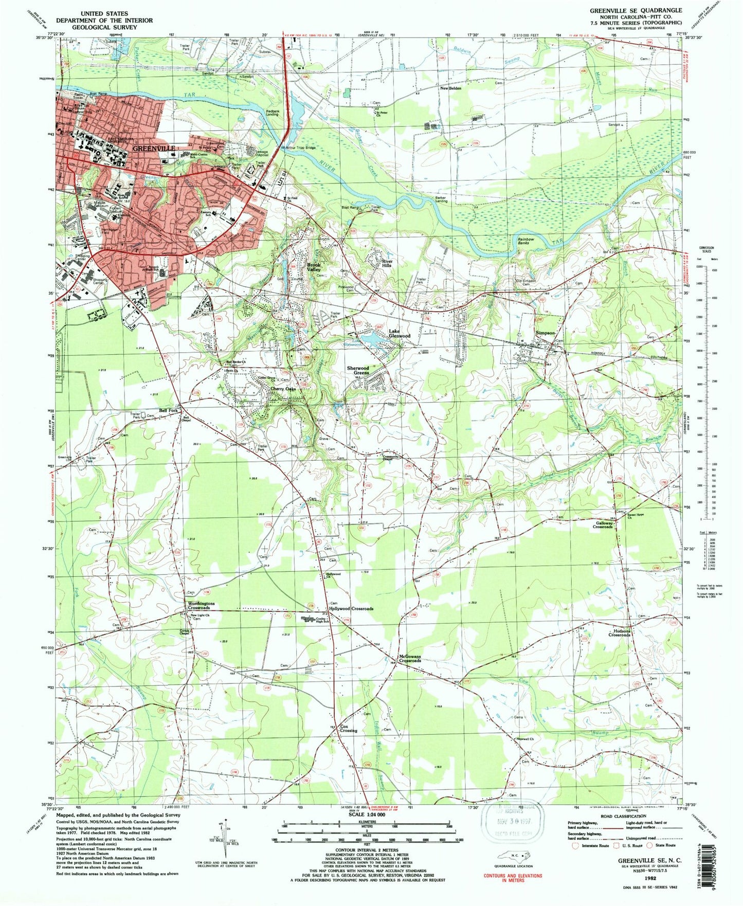Classic USGS Greenville SE North Carolina 7.5'x7.5' Topo Map Image