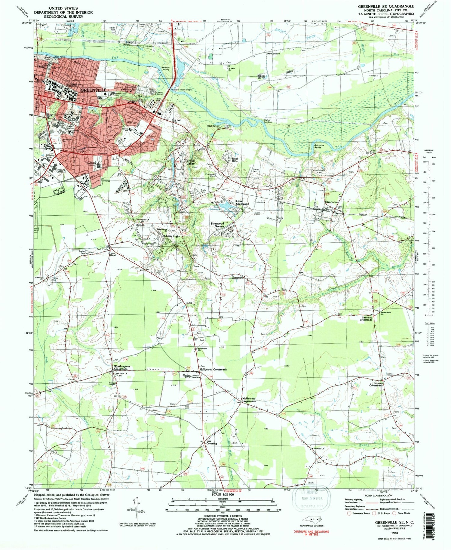 Classic USGS Greenville SE North Carolina 7.5'x7.5' Topo Map Image