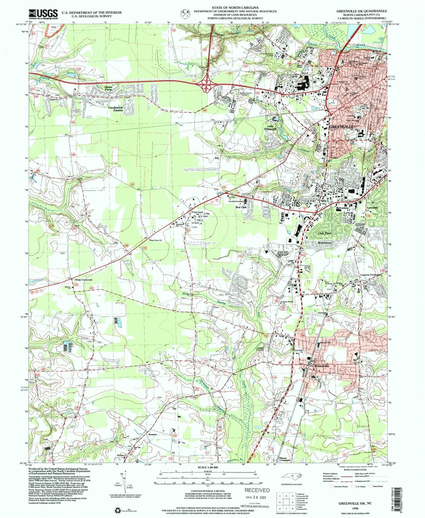 Classic USGS Greenville SW North Carolina 7.5'x7.5' Topo Map Image