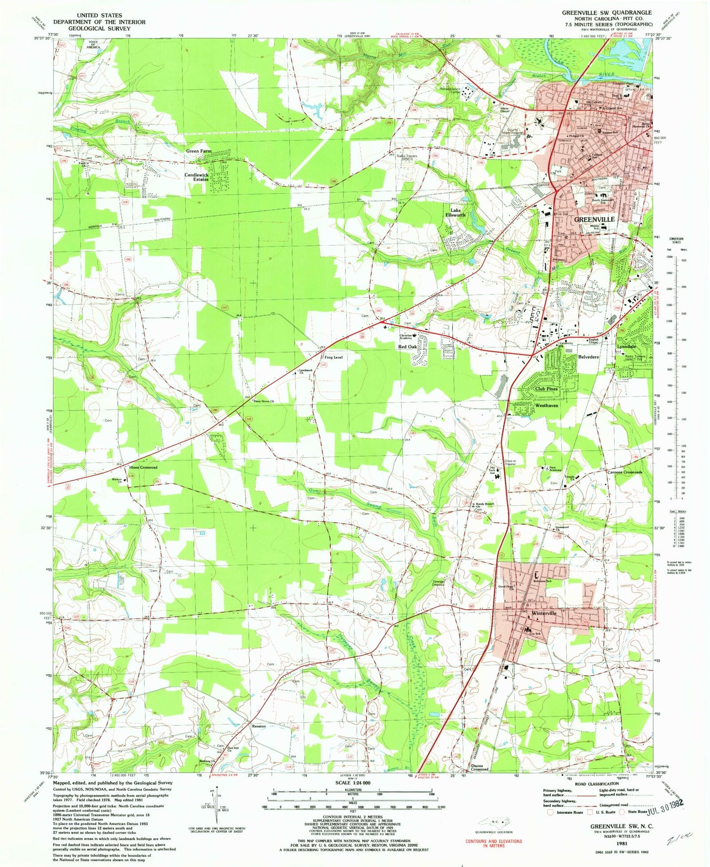 Classic USGS Greenville SW North Carolina 7.5'x7.5' Topo Map Image