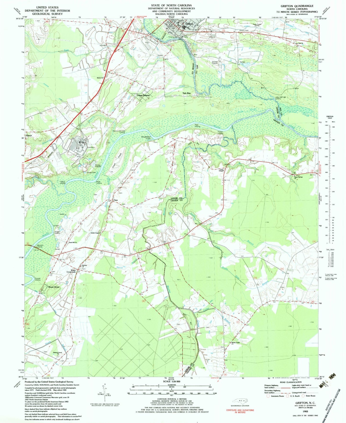 Classic USGS Grifton North Carolina 7.5'x7.5' Topo Map Image