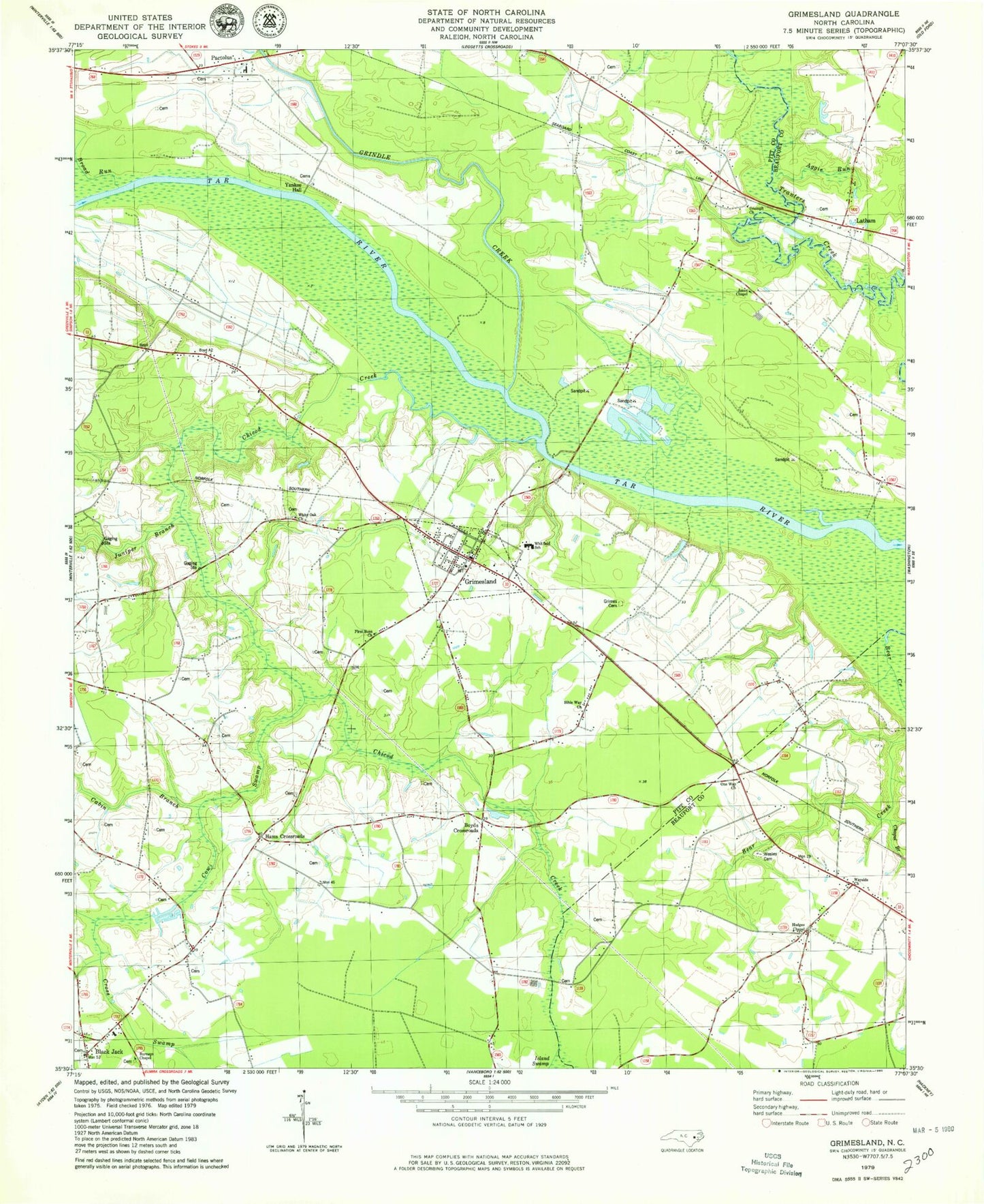 Classic USGS Grimesland North Carolina 7.5'x7.5' Topo Map Image