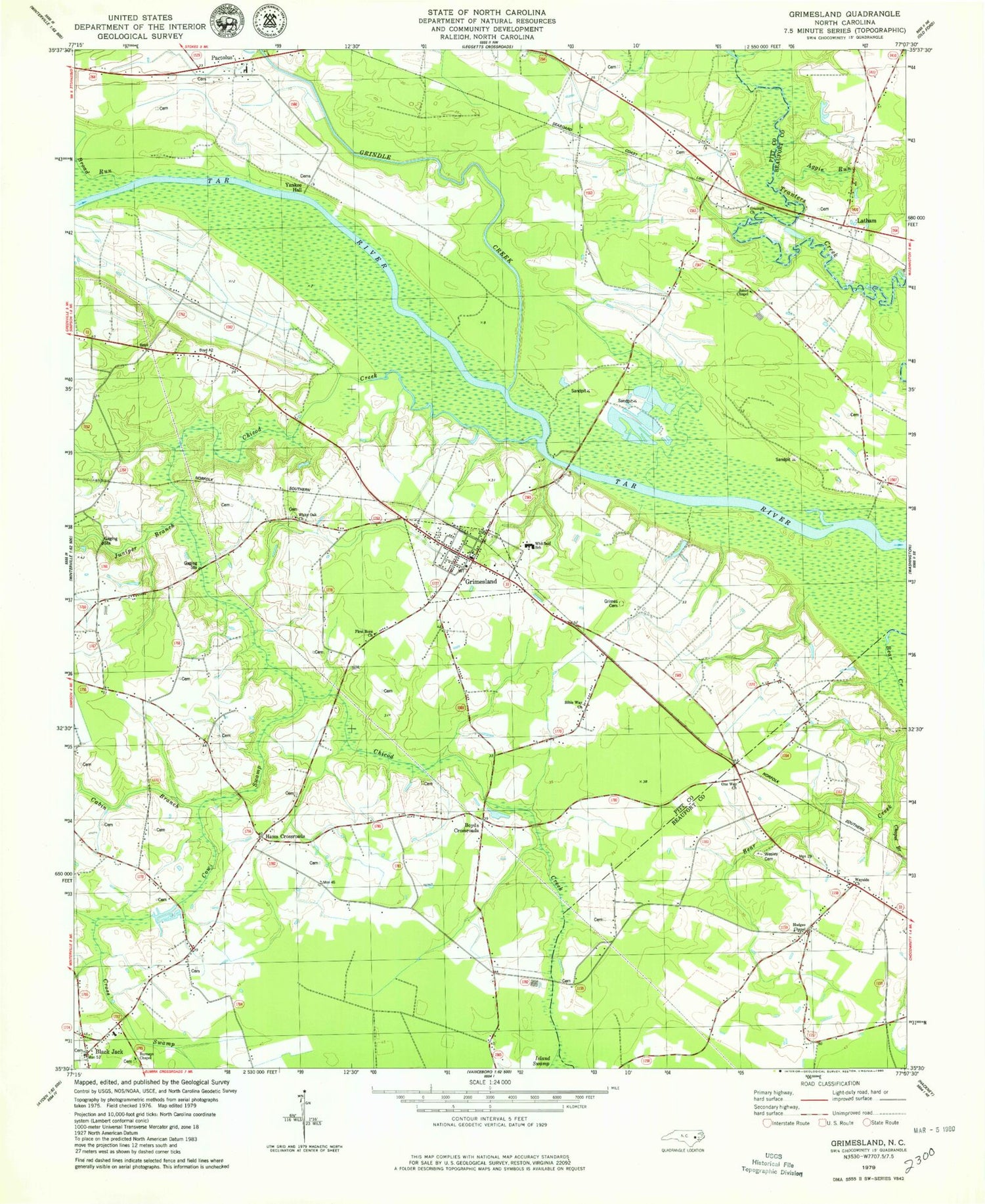 Classic USGS Grimesland North Carolina 7.5'x7.5' Topo Map Image