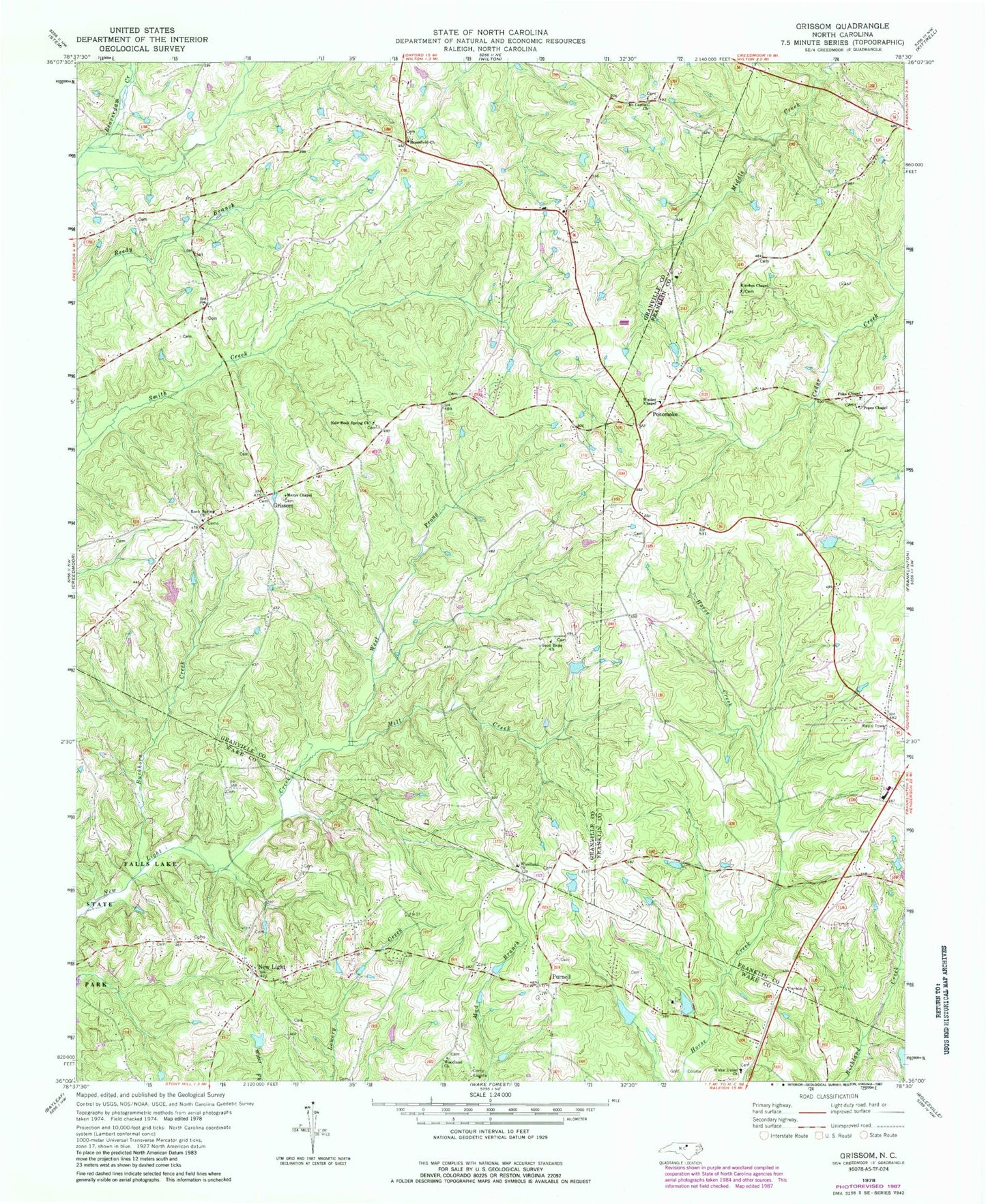Classic USGS Grissom North Carolina 7.5'x7.5' Topo Map Image