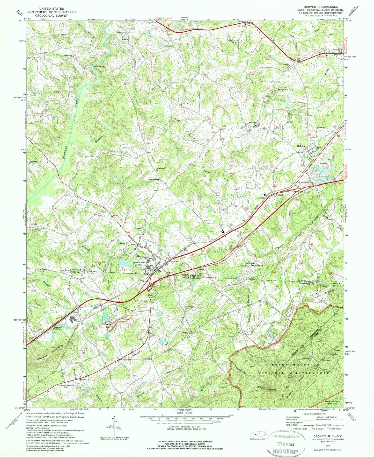Classic USGS Grover North Carolina 7.5'x7.5' Topo Map Image