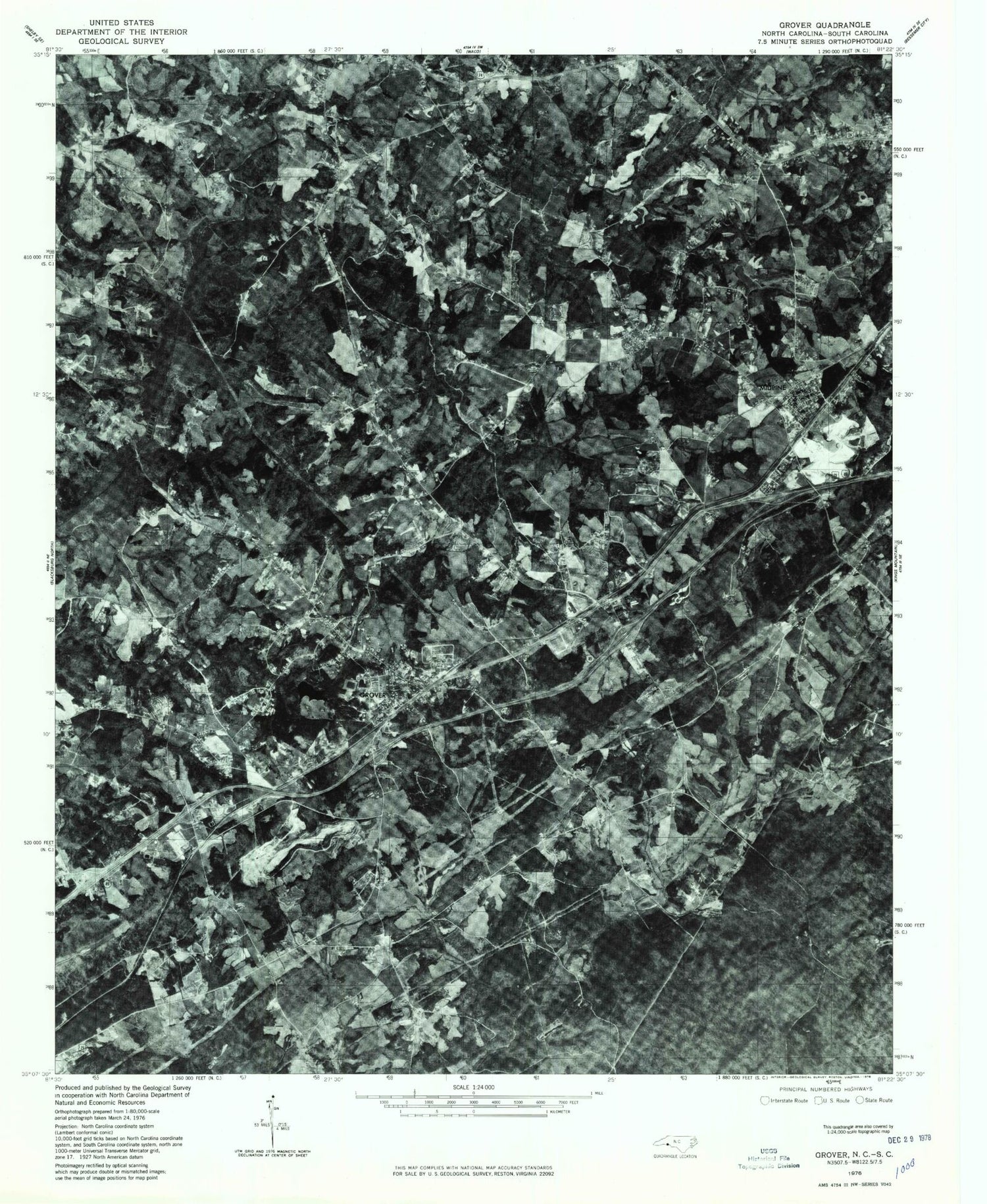 Classic USGS Grover North Carolina 7.5'x7.5' Topo Map Image