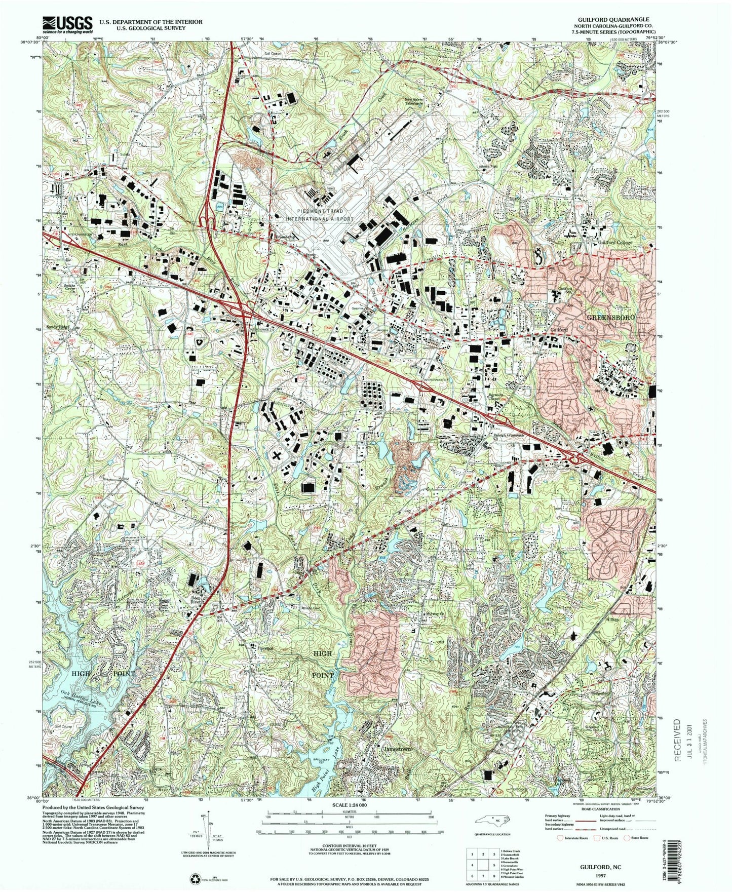 Classic USGS Guilford North Carolina 7.5'x7.5' Topo Map Image