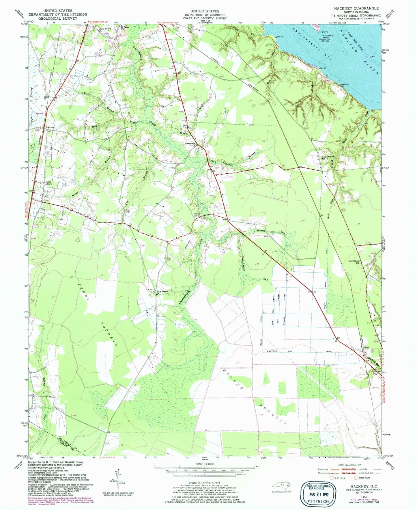 Classic USGS Hackney North Carolina 7.5'x7.5' Topo Map Image