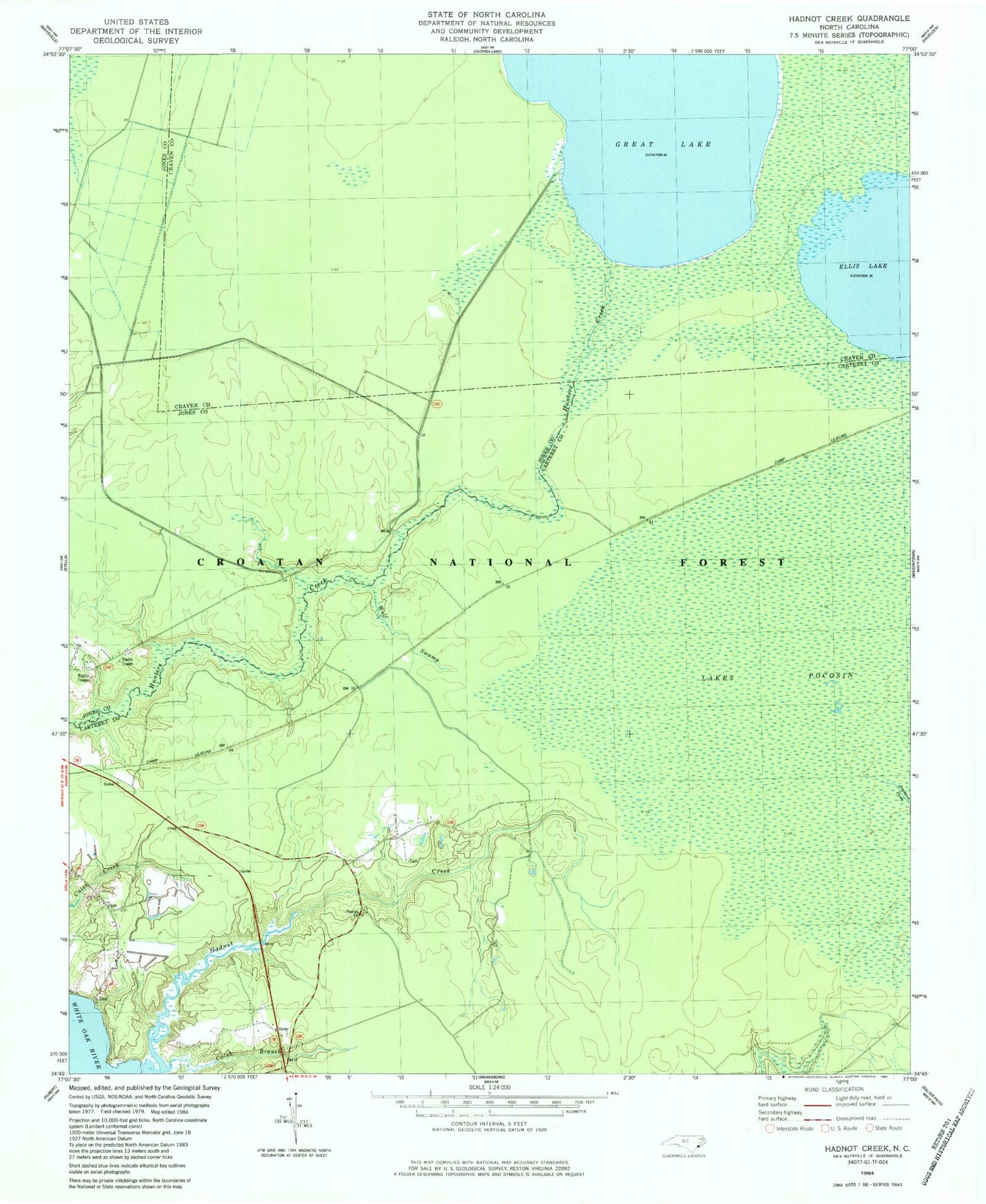 Classic USGS Hadnot Creek North Carolina 7.5'x7.5' Topo Map Image